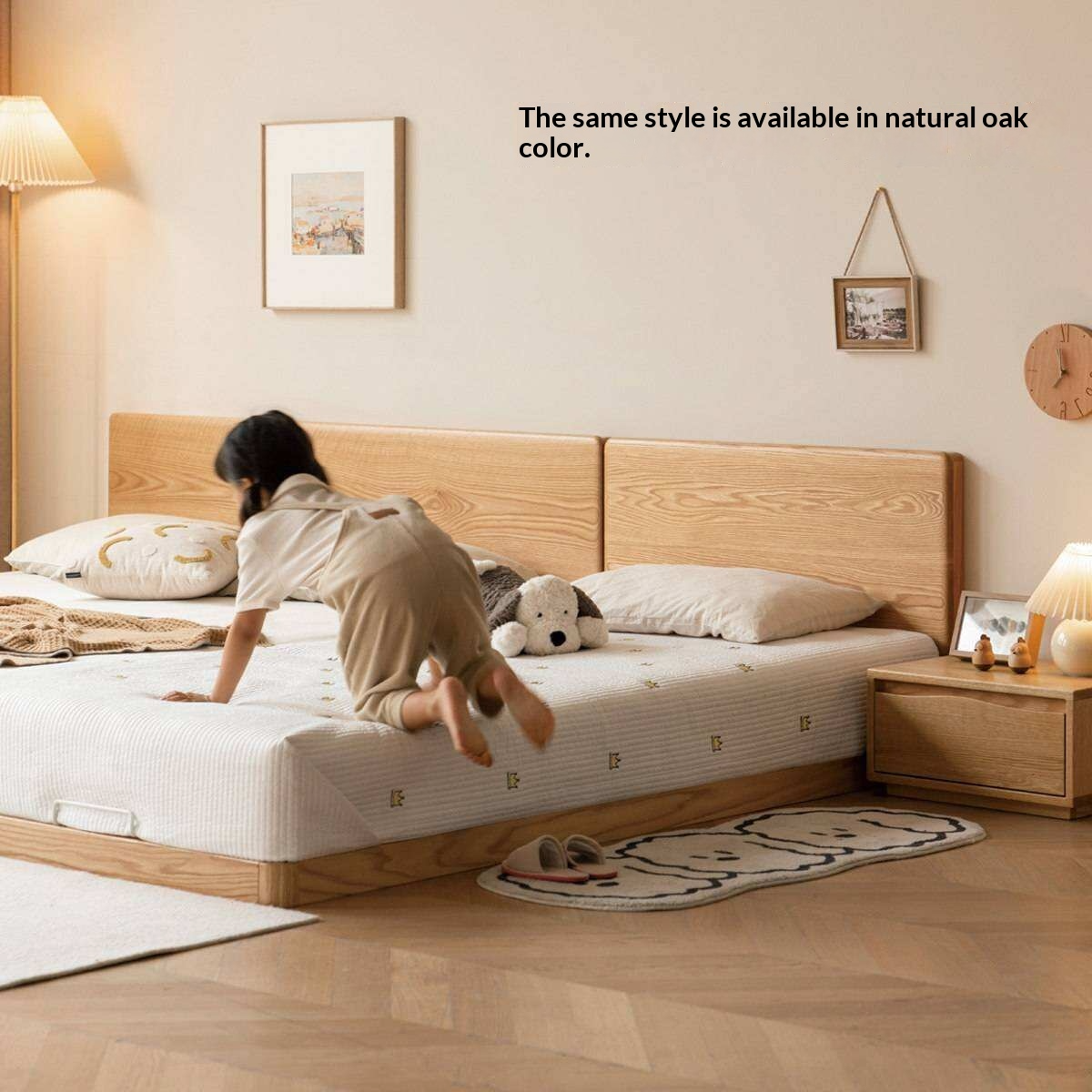 Oak Solid Wood Bed with Removable Headboard and Low Floor Design