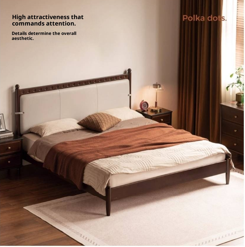 Poplar Solid Wood Genuine Leather Soft Backrest Bed Retro Vintage