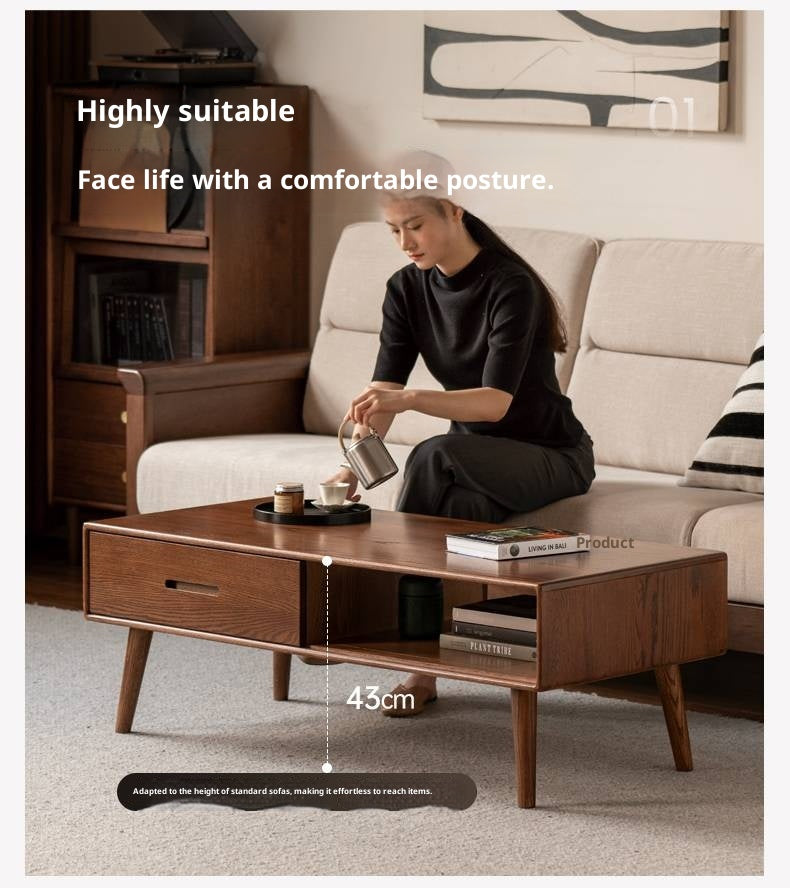 Oak, Solid Rubberwood Two-Drawer Coffee Table Walnut Color