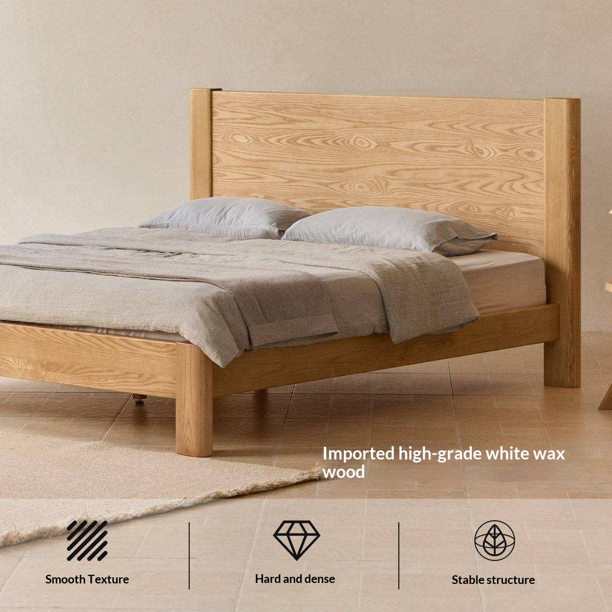 White Ash Solid Wood Platform Bed with Tall Flat Panel Headboard