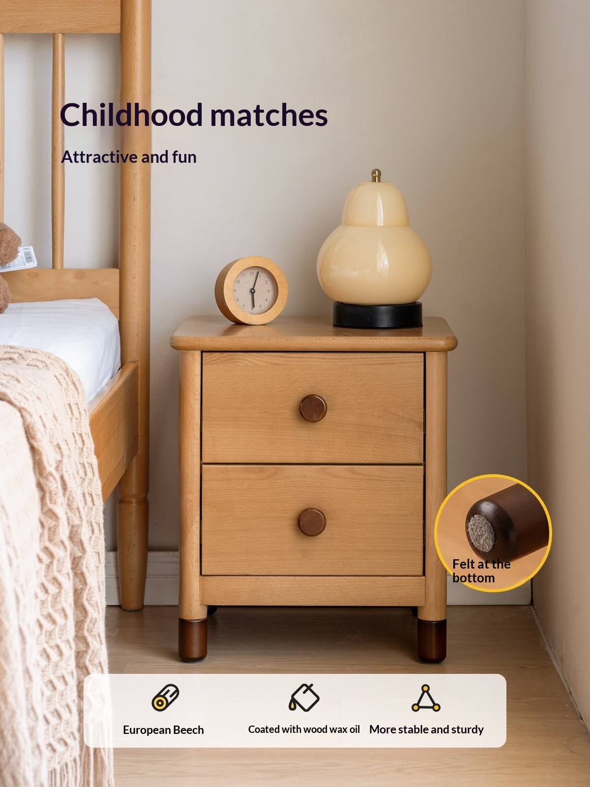 Oak, Beech Solid Wood Two-Drawer Nightstand
