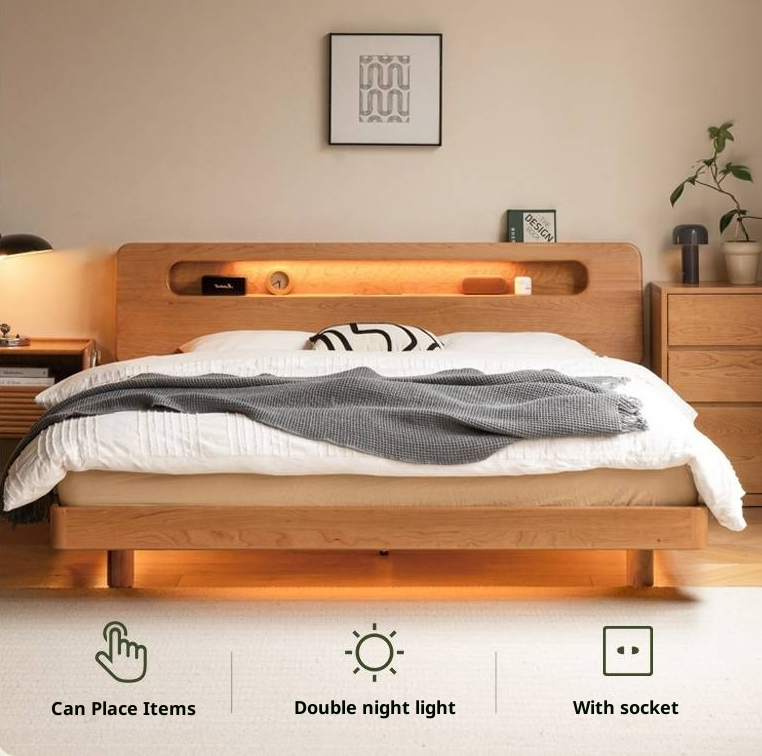 Cherry Solid Wood Retro with Socket Night Light Bed