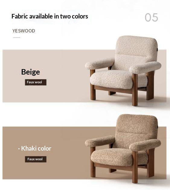 Beech Solid Wood Reclining Lounge Chair with Wide Armrests and Thick Wood Block Legs