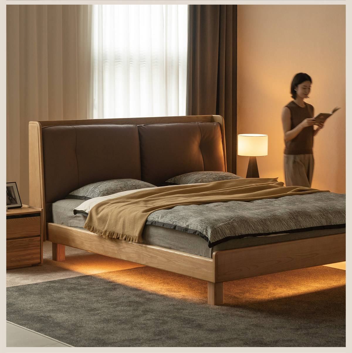Ash Solid Wood Upholstered Floating Platform Bed with LED Lights