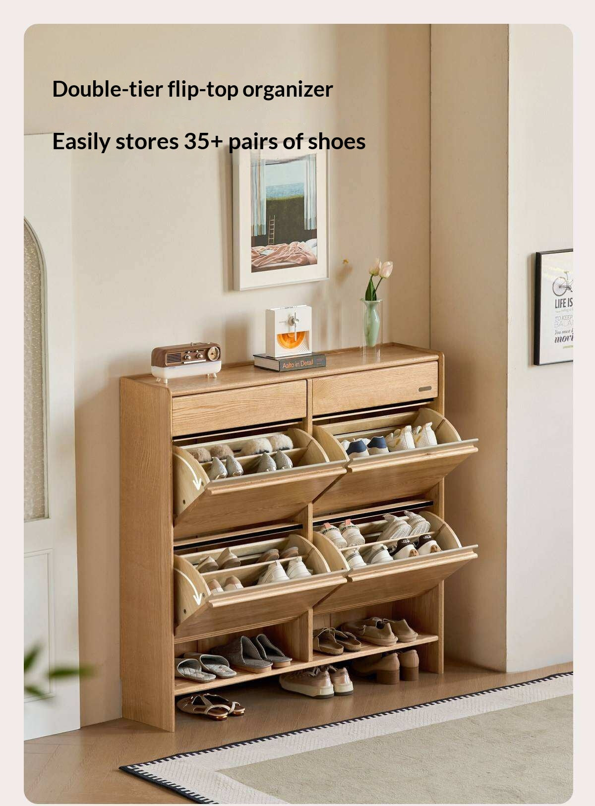 Oak Solid Wood Slim Entryway Shoe Cabinet with Tilt-Out Compartments and Drawers