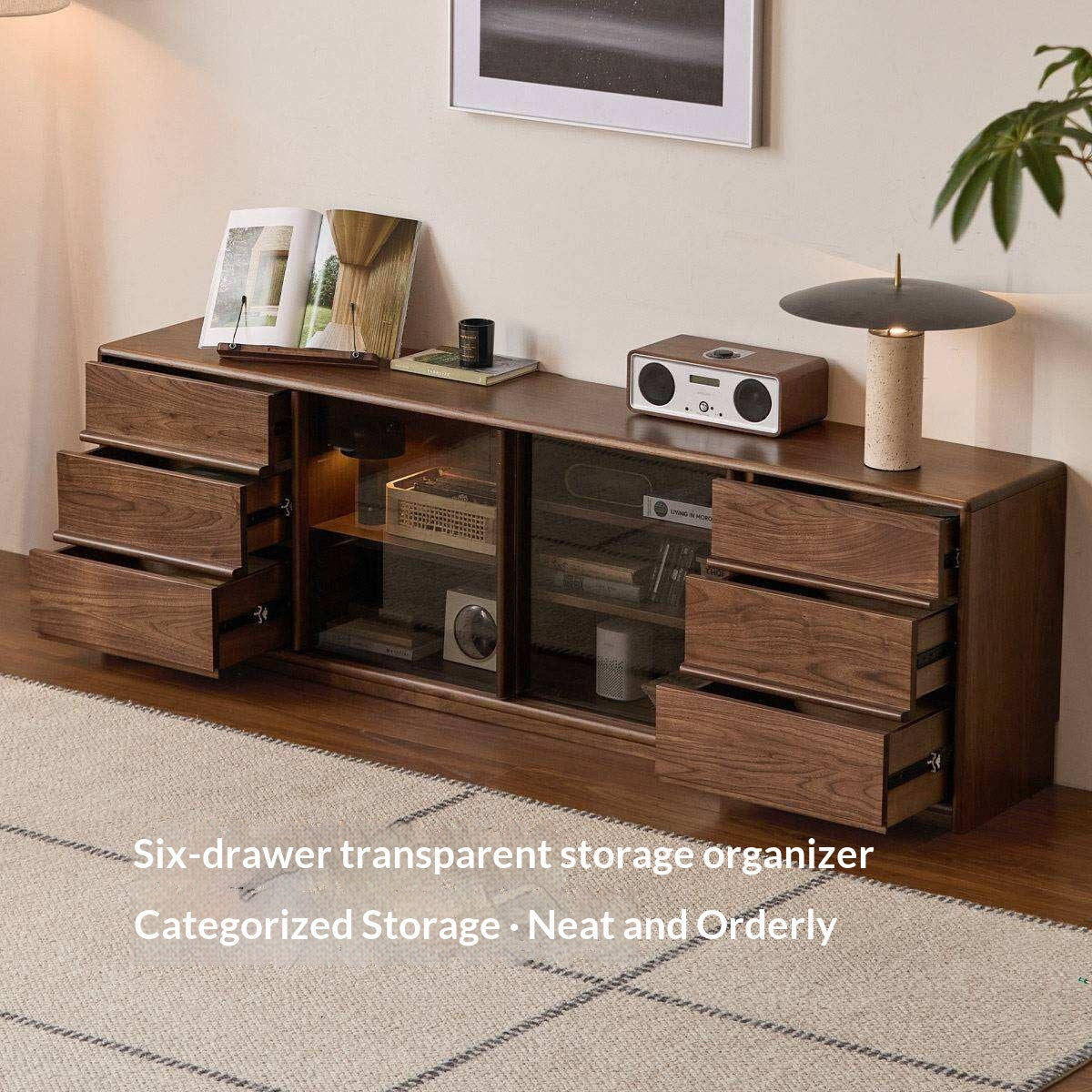 Black Walnut Solid Wood TV Cabinet with Large Storage