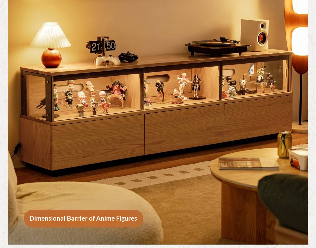 Oak Solid Wood TV Console with Illuminated Glass Display Case and Drawer Storage