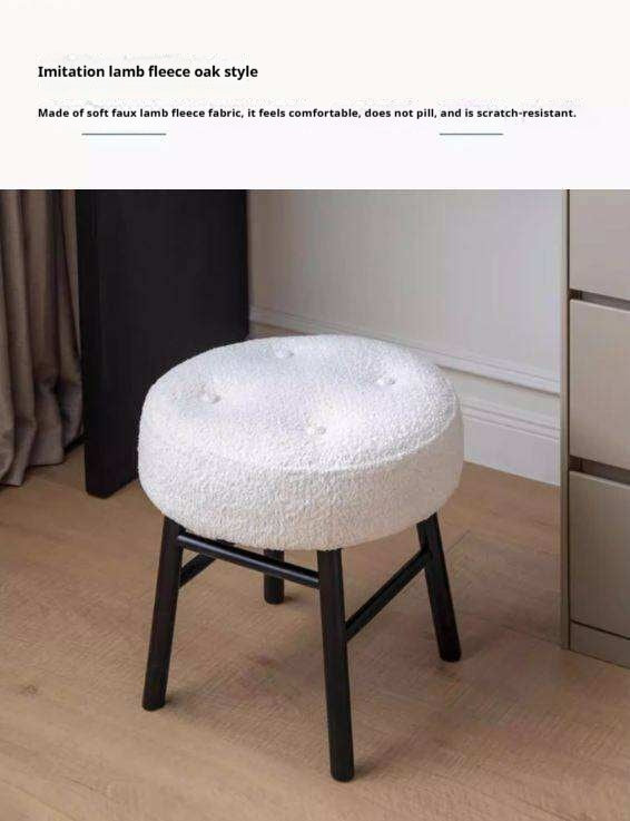 Oak Solid Wood Round Vanity Stool, Scandinavian Style White Makeup Chair