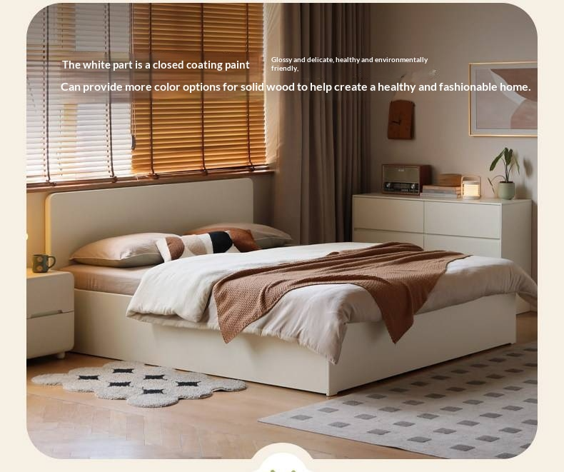 Rubberwood Solid Wood Bed — Modern Minimalist White Box Design