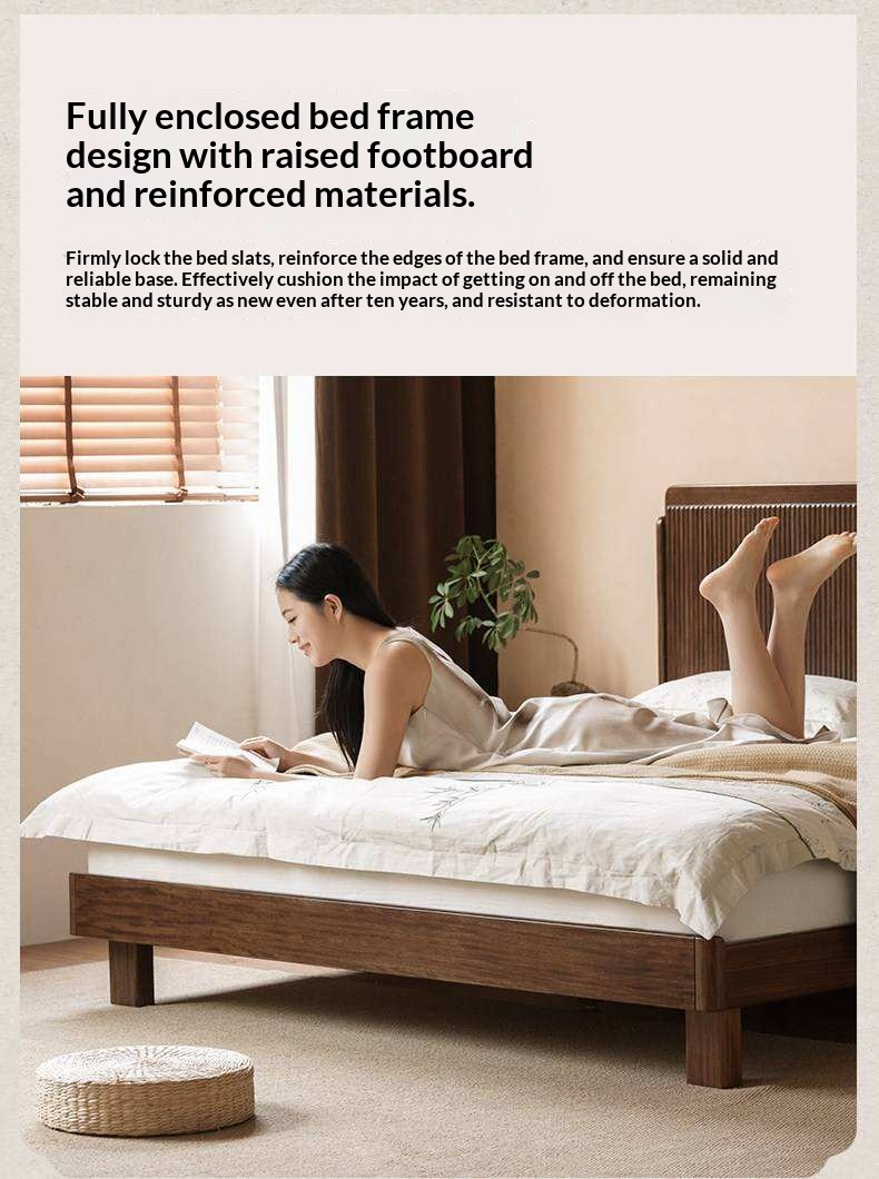 Ebony Solid Wood Bed with Vertical Fluted Panel Headboard and Block Legs