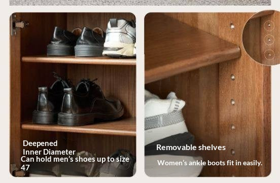 Oak Solid Wood Narrow Shoe Storage Cabinet with Flip-Top Compartment and Perforated Metal Door
