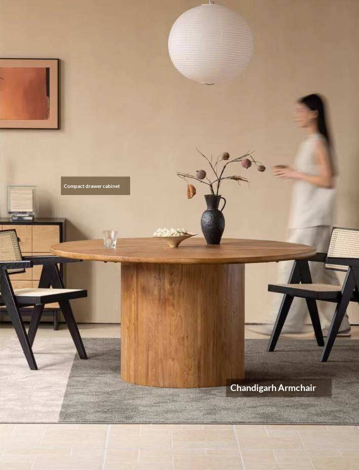 Elm Solid Wood Round Dining Table with Modern Minimalist Design