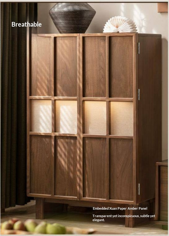 Black Walnut Solid Wood Lattice Door Side Cabinet with LED Lighting