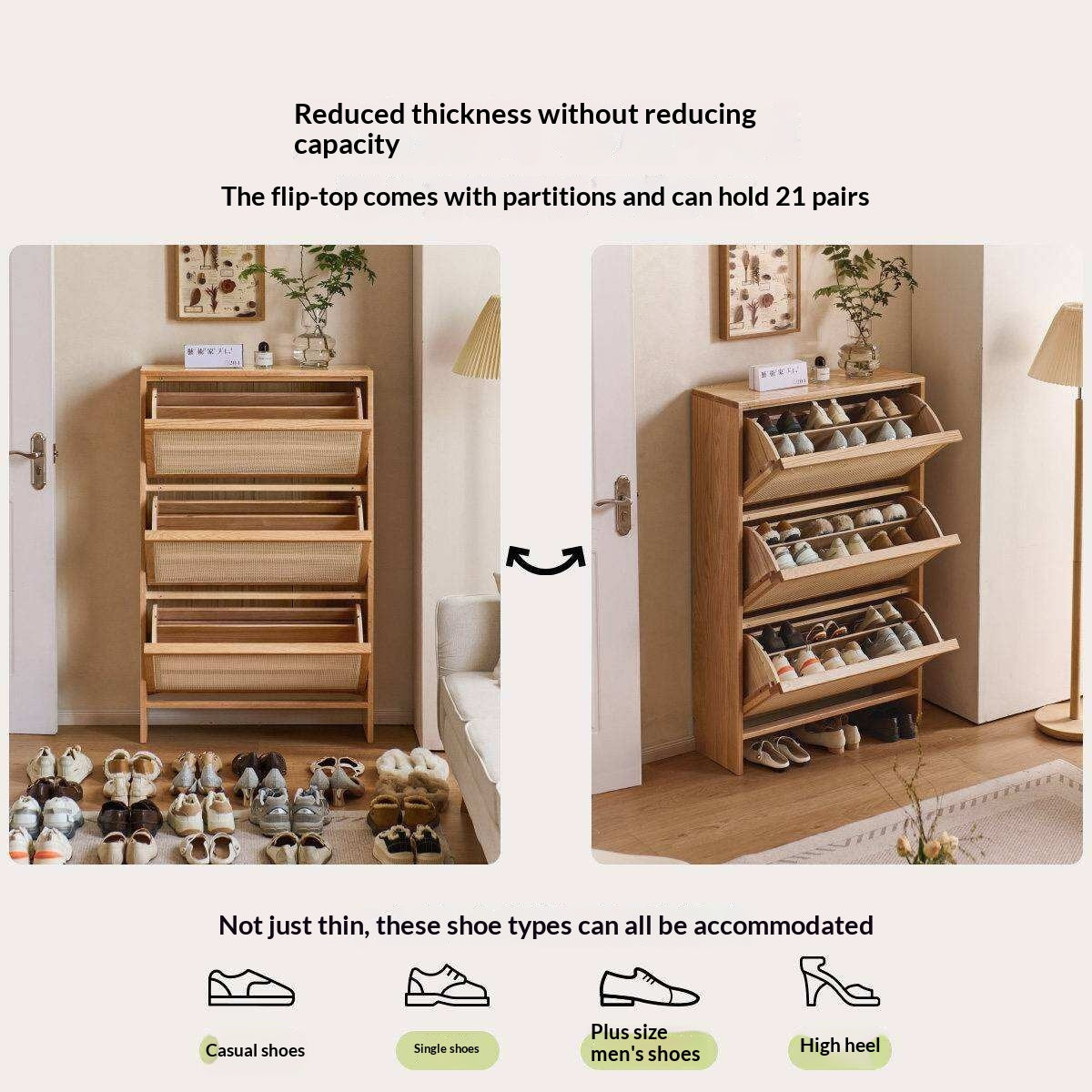Oak Solid Wood Shoe Cabinet with Modern Minimalist Flip Door, Rattan Accents