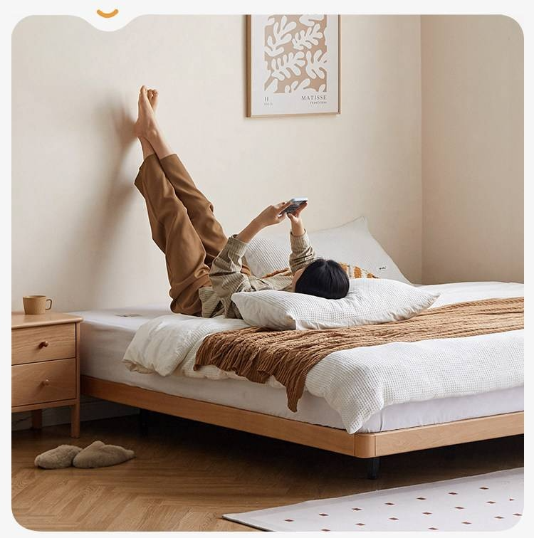 Beech Solid Wood Platform Bed, Headboard-Free Bed, Flush-Edge Floating Bed