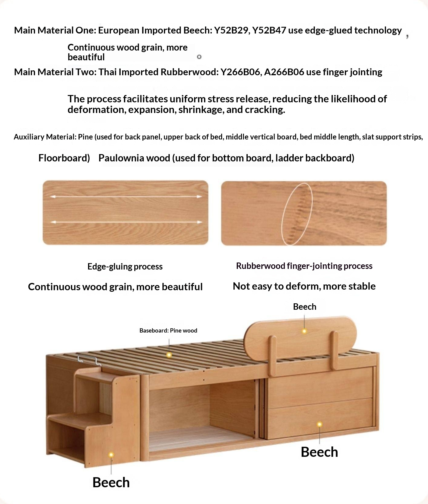 Beech, Rubberwood Solid Wood Kids’ Bed with Guardrail, Platform Bed, Headboard-Free Bed