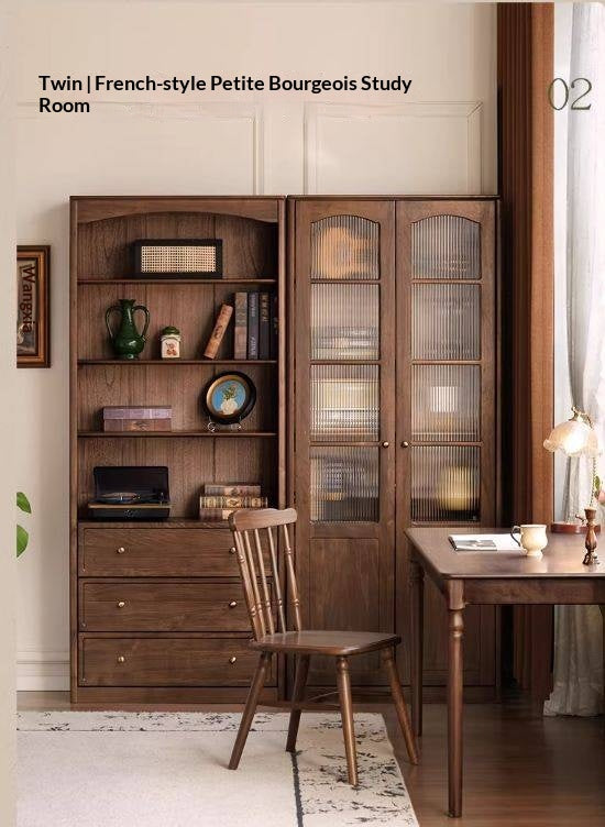 Black Walnut Solid Wood Bookshelf and Display Cabinet with Vintage French Profile