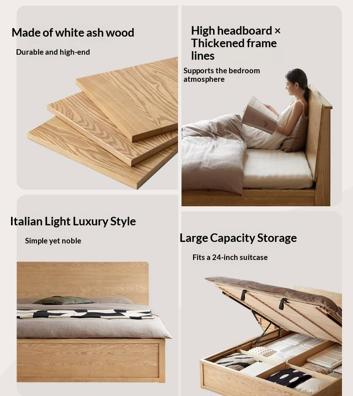 Ash Solid Wood Bed — Slab Design, Home Italian Light Luxury Box Bed