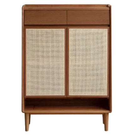 Oak Solid Wood Entryway Shoe Cabinet with Rattan Doors, Drawer and Open Shelf