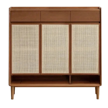 Oak Solid Wood Entryway Shoe Cabinet with Rattan Doors, Drawer and Open Shelf