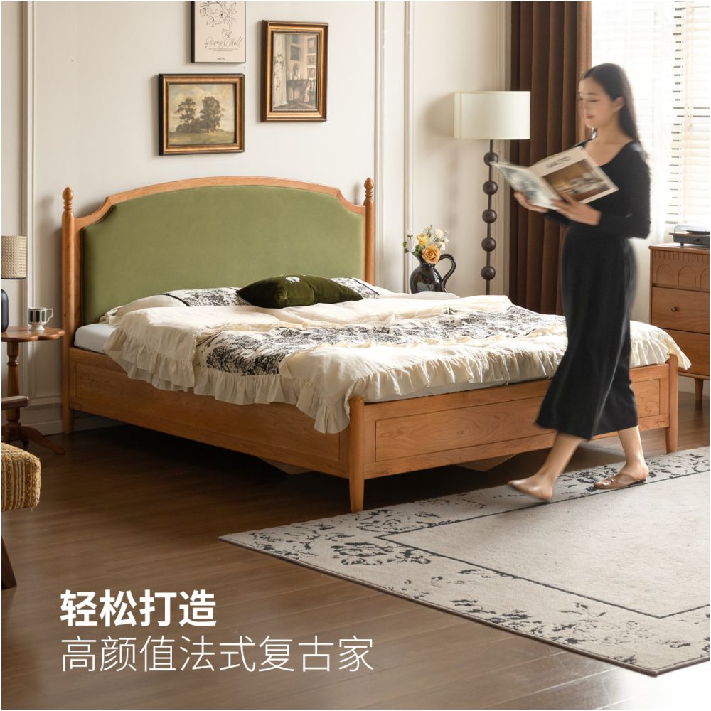 Genji Wood Solid Wood Bed French Retro Storage Bed Bedroom Cherry Wood Genuine Leather Bed Household Off Ground Box Bed image 5