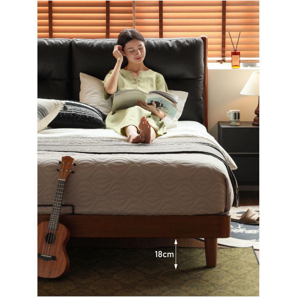 Genji Wood Language solid wood bed retro soft bed multifunctional black soft bed teak color double bed bedroom furniture image 4
