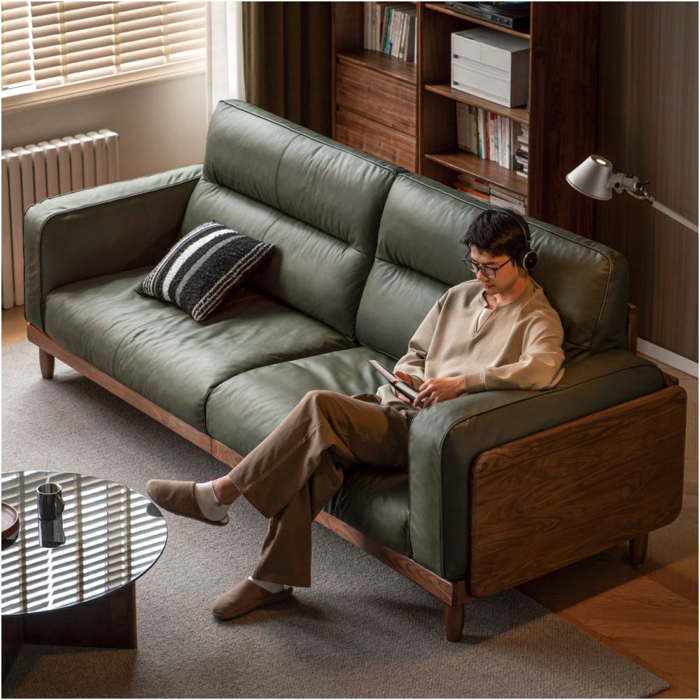 Genji wood solid wood sofa living room italian accessible luxury leather sofa black walnut high back straight sofa image 4