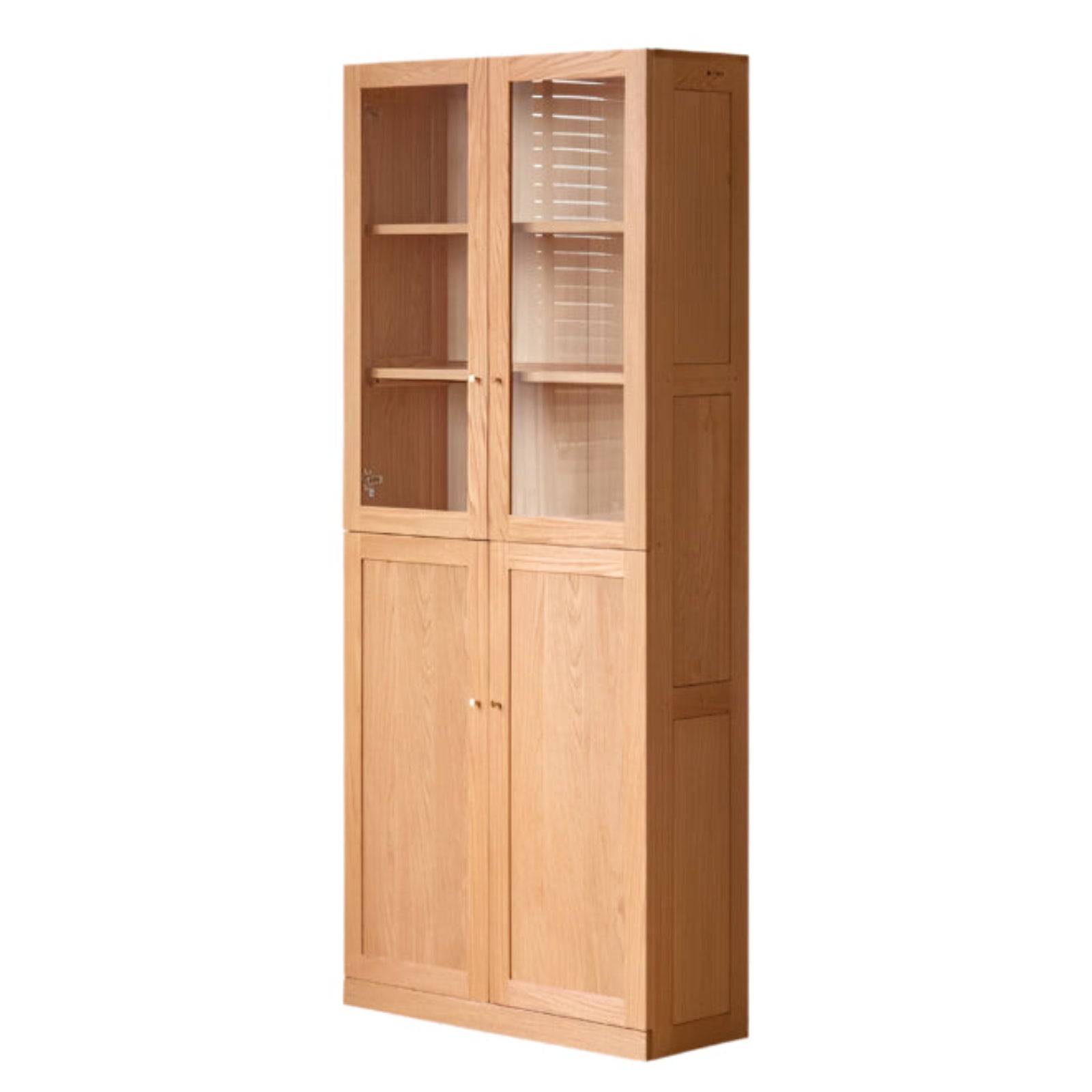 Oak, Solid Rubberwood Bookcase With Glass Doors