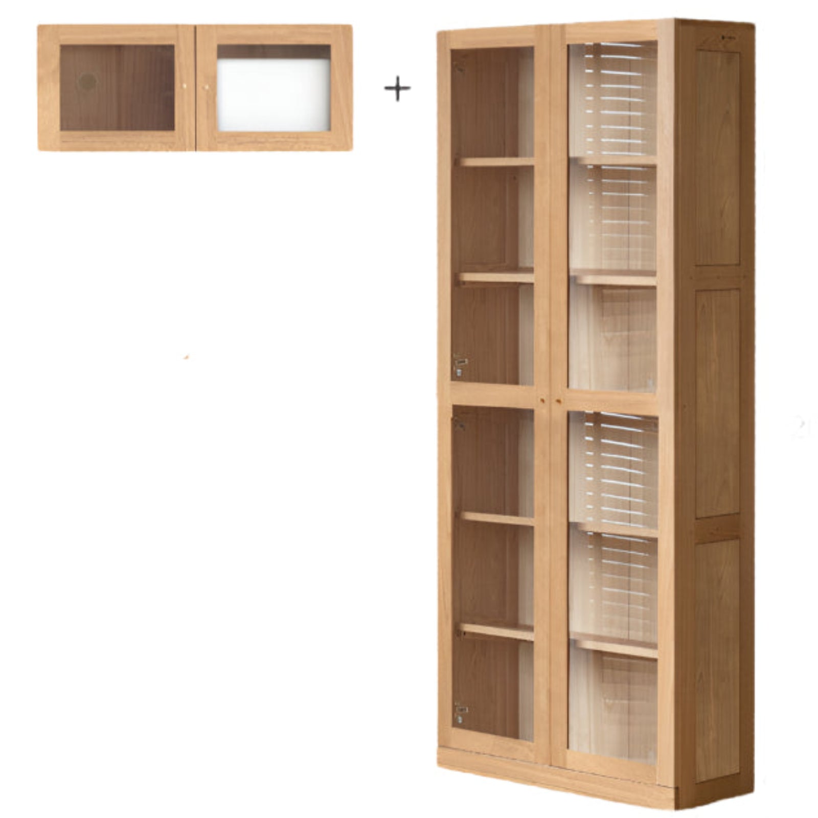 Oak, Solid Rubberwood Bookcase With Glass Doors