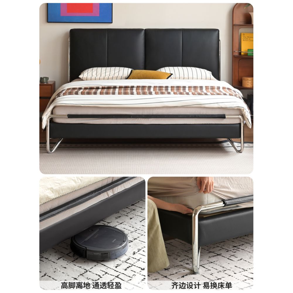Genji wooden language leather art bed Italian style light luxury black double bed for home use side bed bedroom do not disturb each other leather bed image 5