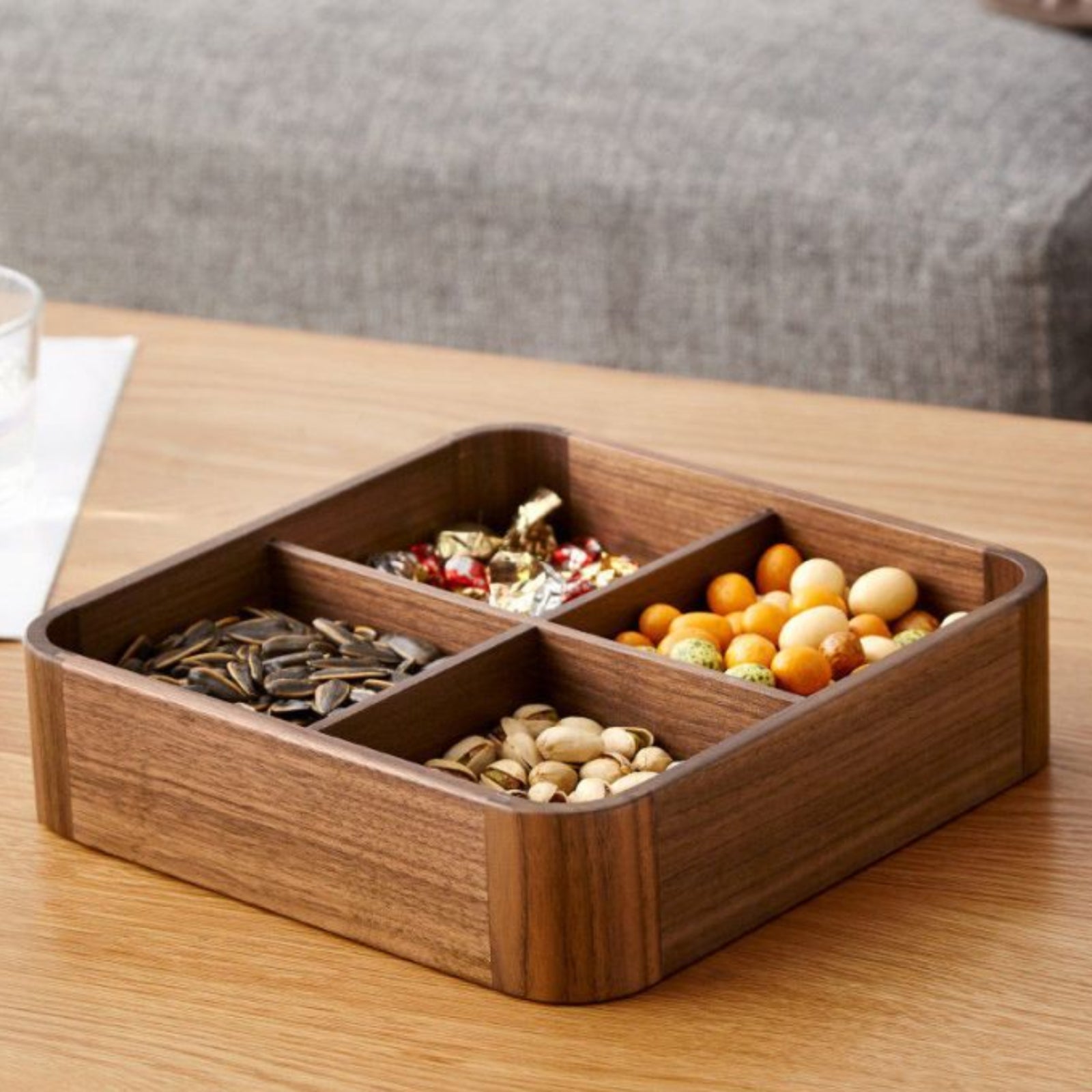 Solid Wood Four Compartment Candy Box Simple Snack Storage Lid Creative Coffee Table Living Room Storage Box image 0