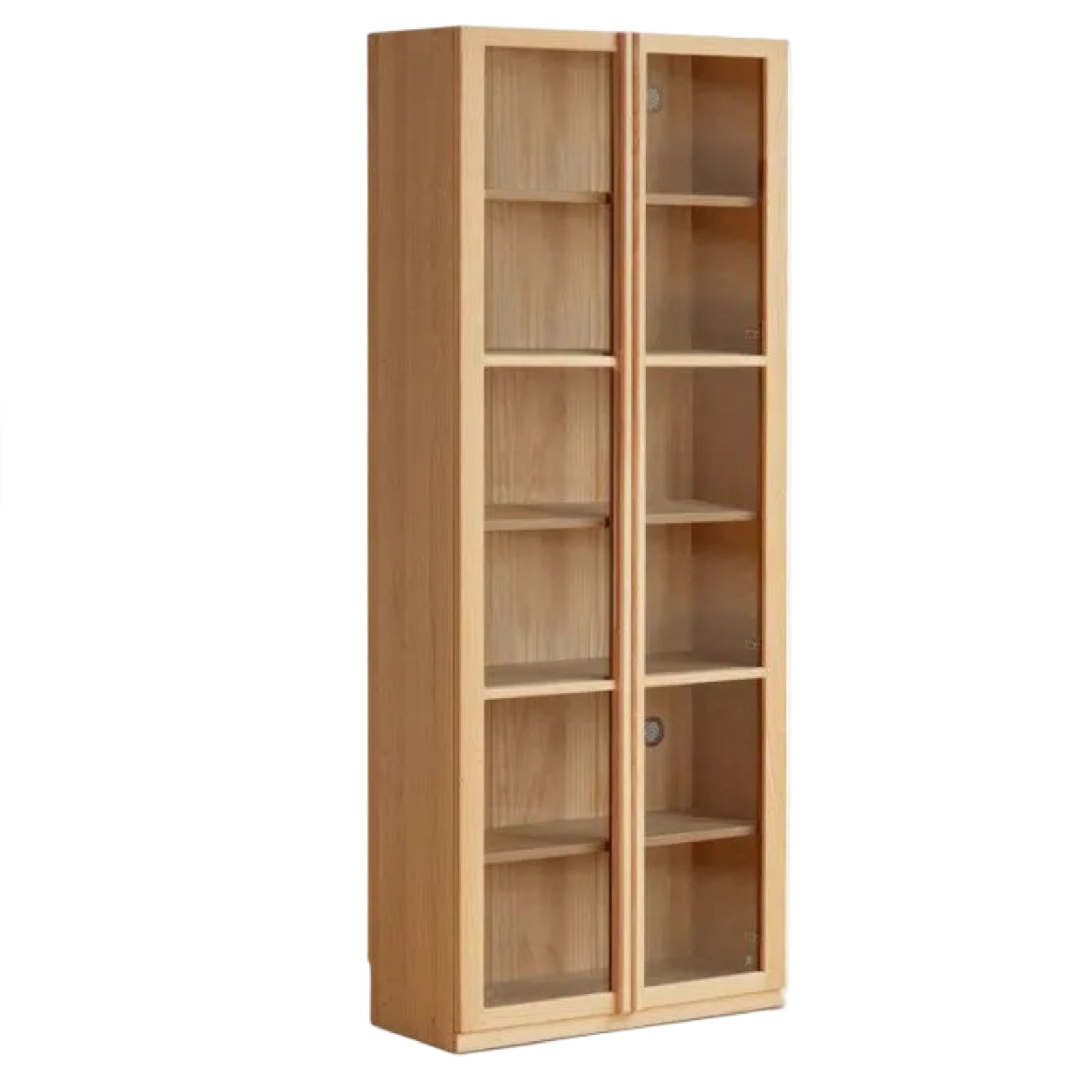 White Oak Solid Wood Bookcase and Display Cabinet with Glass Doors and Built-In Lights