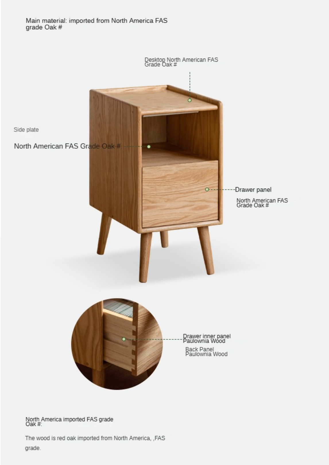 Oak, Rubber wood, Cherry solid wood ultra-narrow Nightstand :