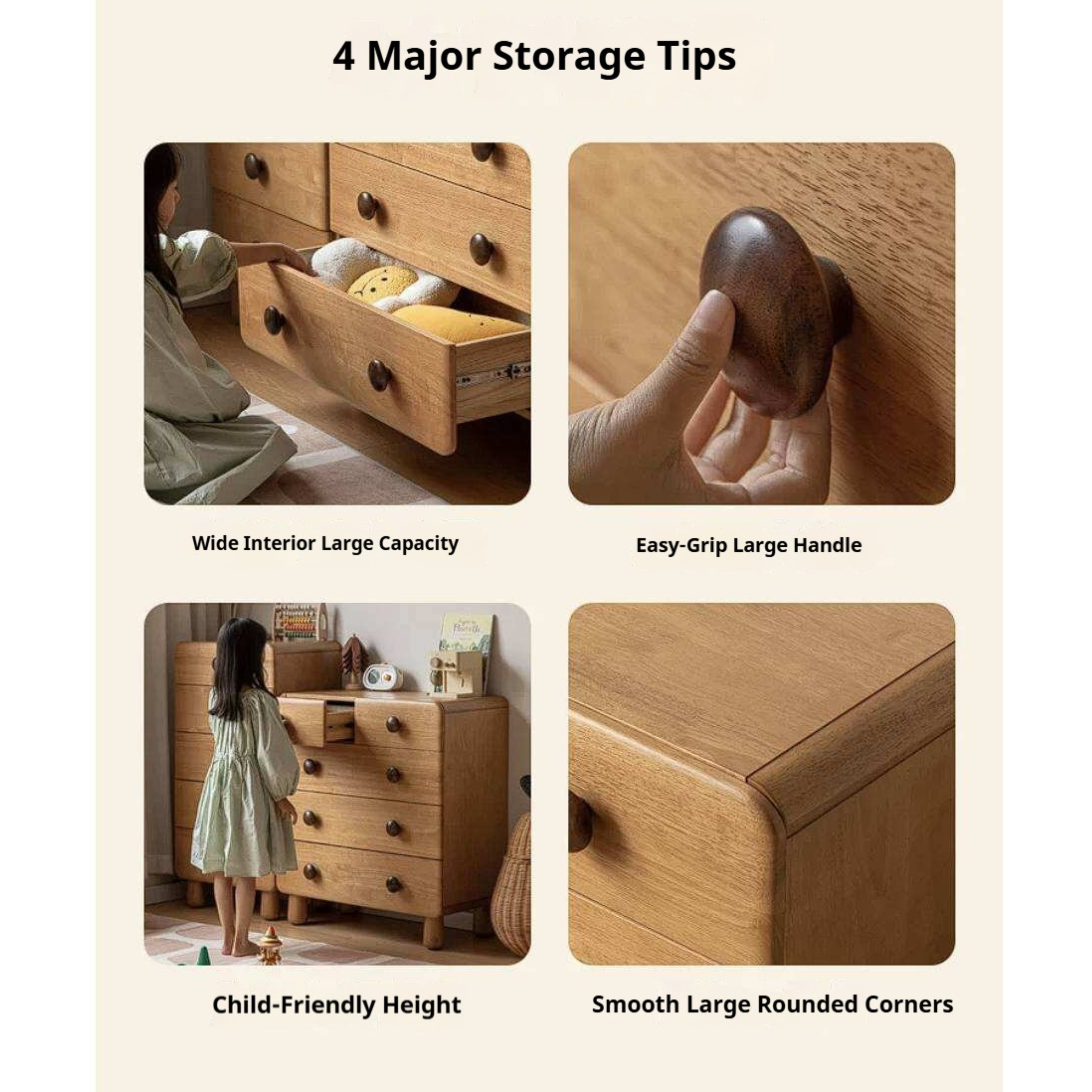 Solid Rubberwood Original Wood Style Kids Dresser