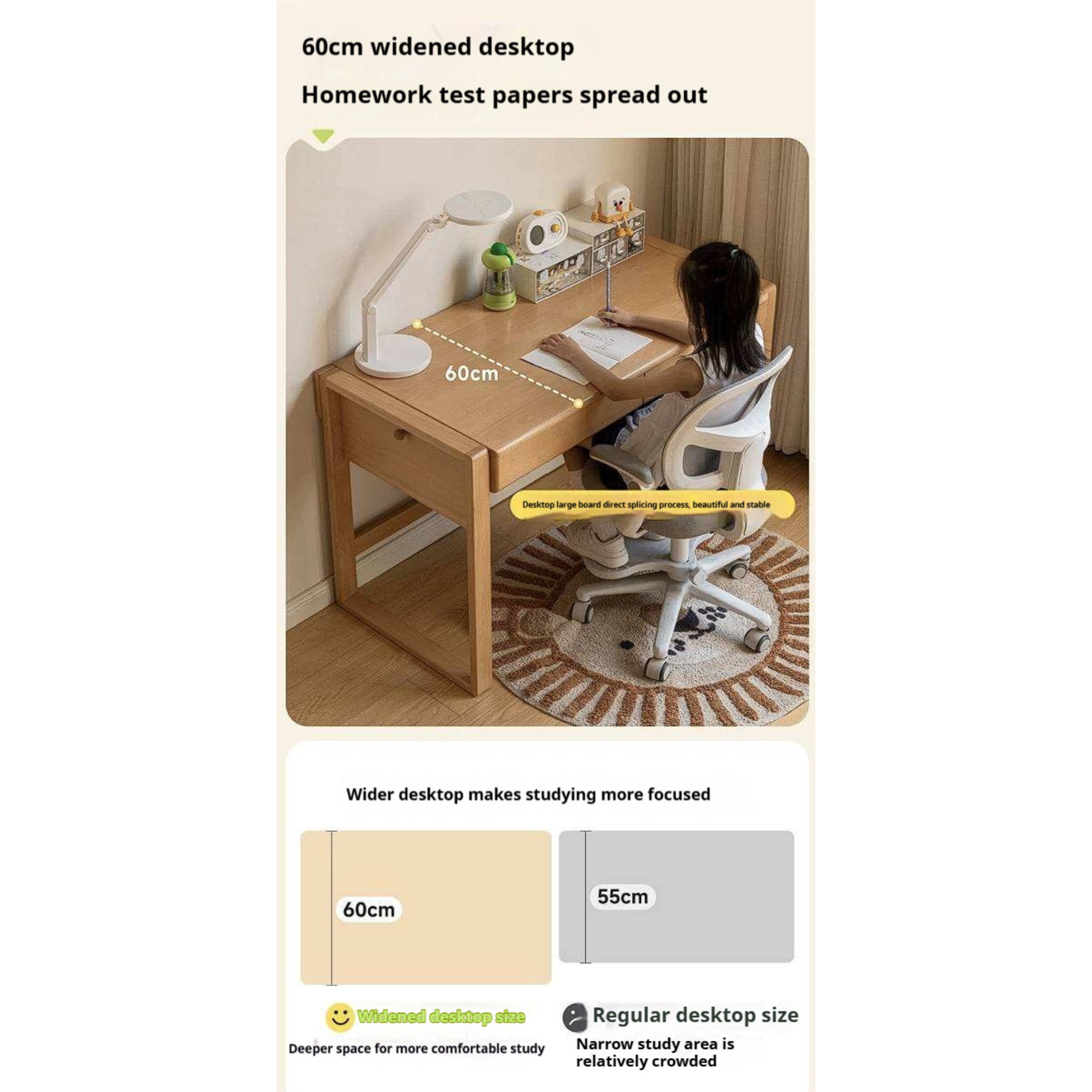 Beech, Solid Rubberwood Adjustable Height Children's Study Desk With Integrated Bookshelf