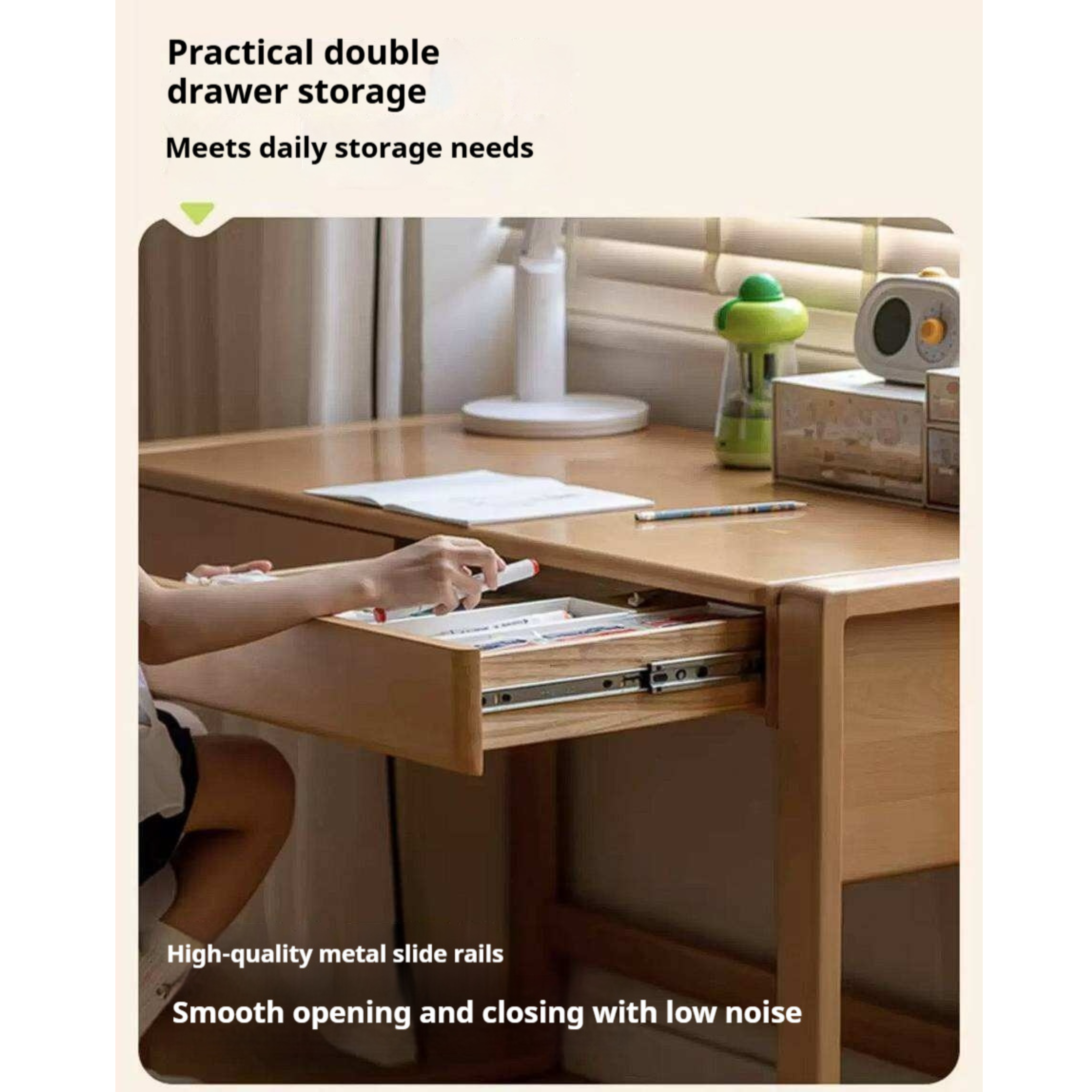 Beech, Solid Rubberwood Adjustable Height Children's Study Desk With Integrated Bookshelf