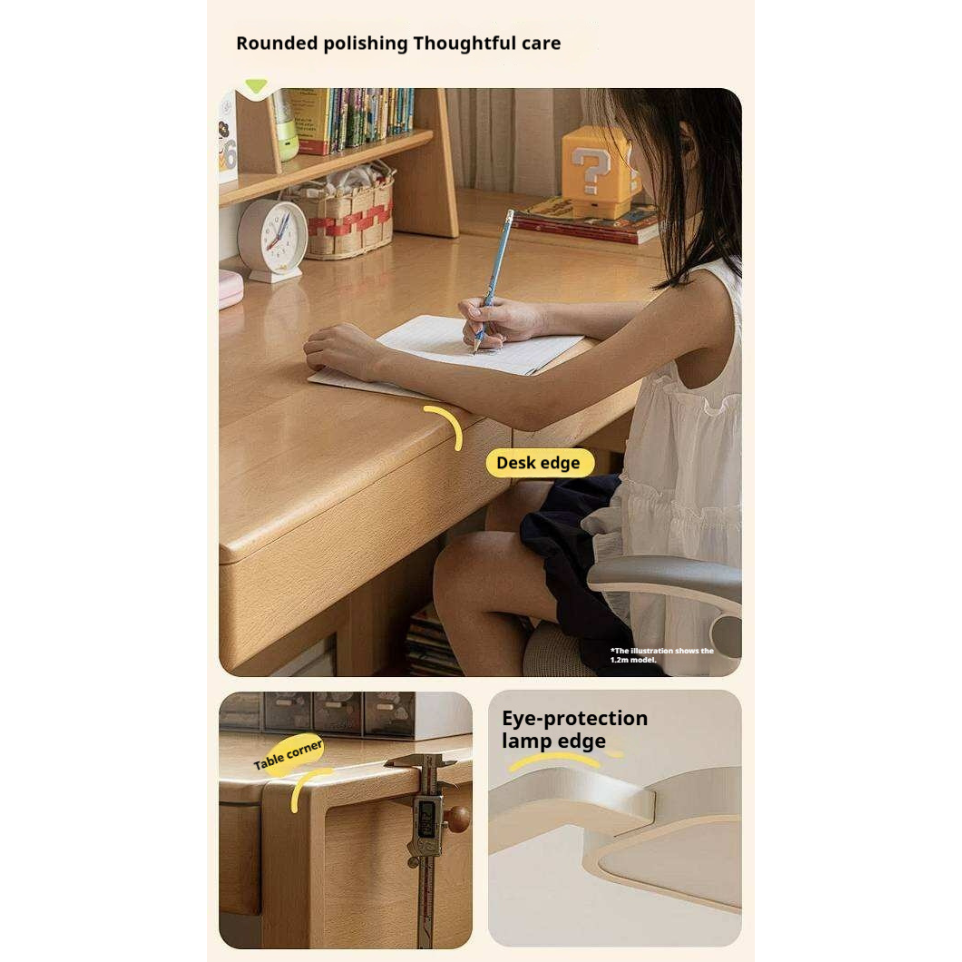 Beech, Solid Rubberwood Adjustable Height Children's Study Desk With Integrated Bookshelf