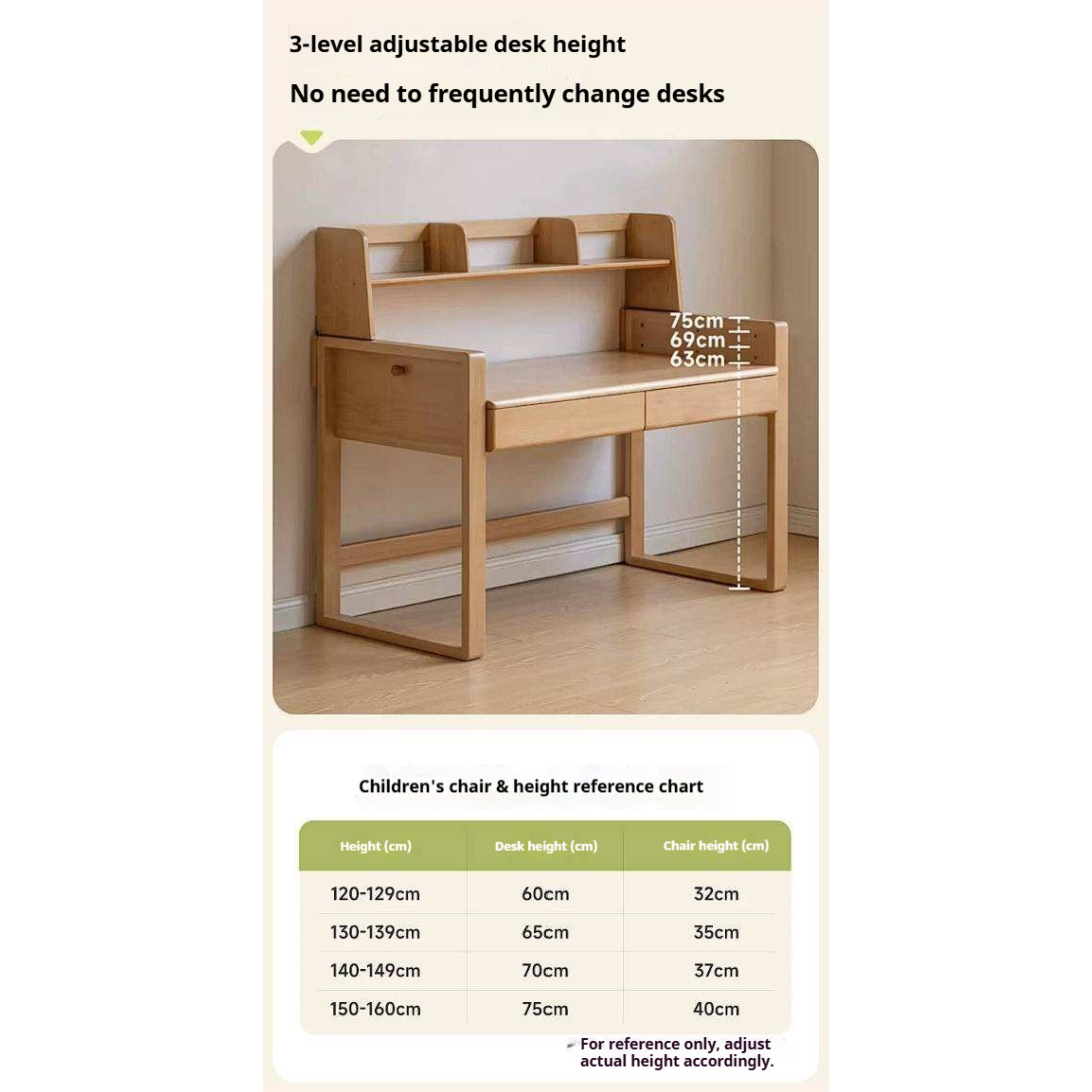Beech, Solid Rubberwood Adjustable Height Children's Study Desk With Integrated Bookshelf