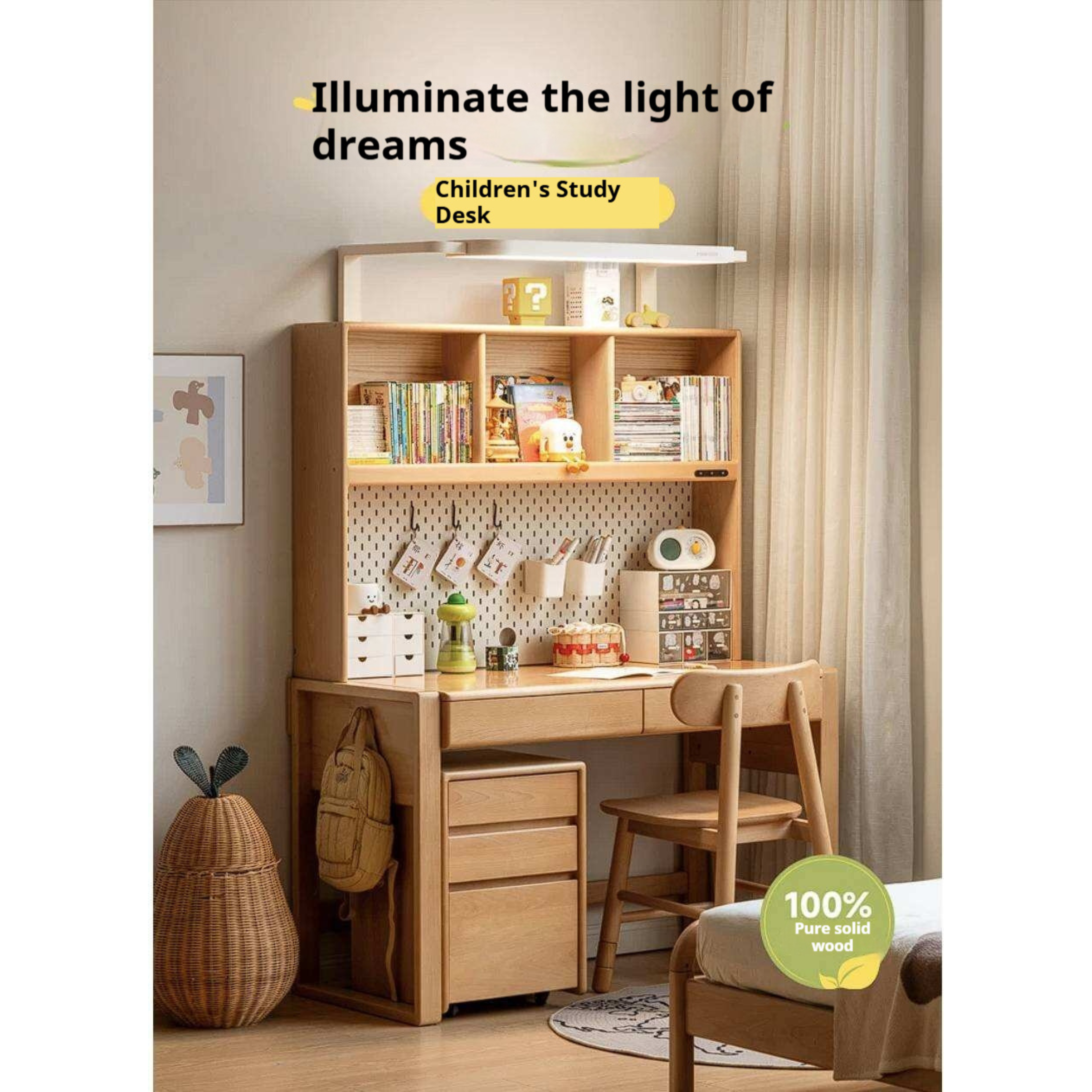 Beech, Solid Rubberwood Adjustable Height Children's Study Desk With Integrated Bookshelf