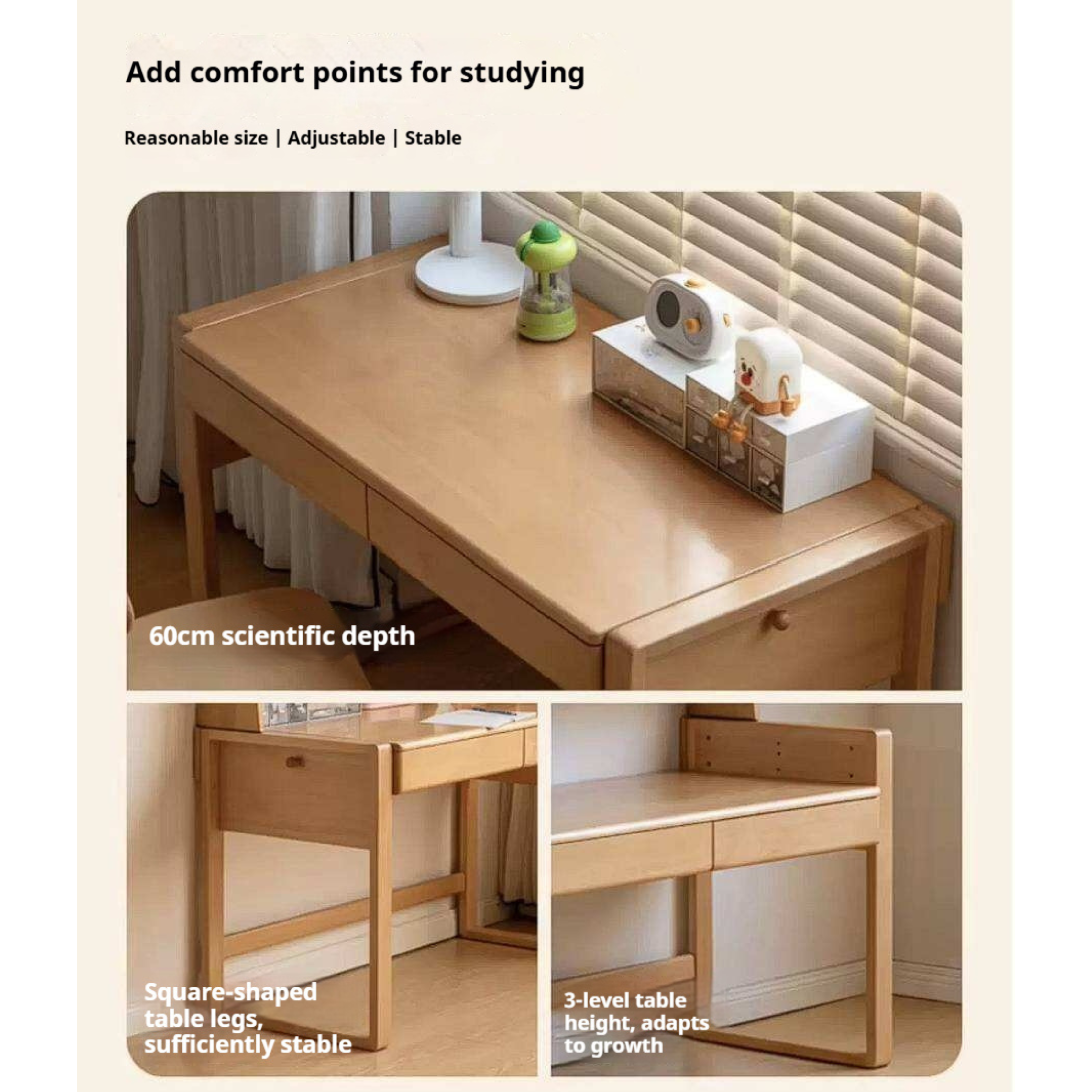 Beech, Solid Rubberwood Adjustable Height Children's Study Desk With Integrated Bookshelf
