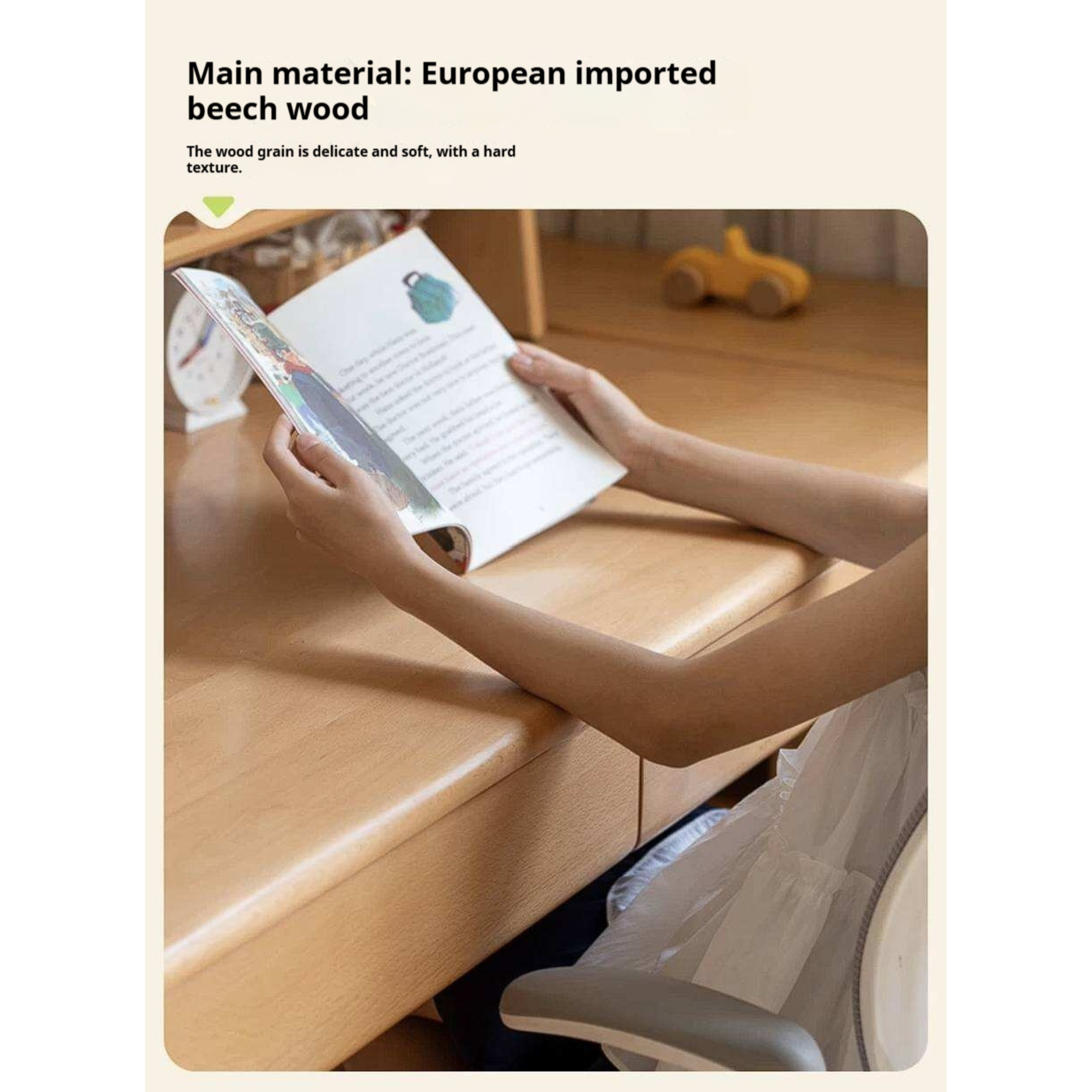Beech, Solid Rubberwood Adjustable Height Children's Study Desk With Integrated Bookshelf