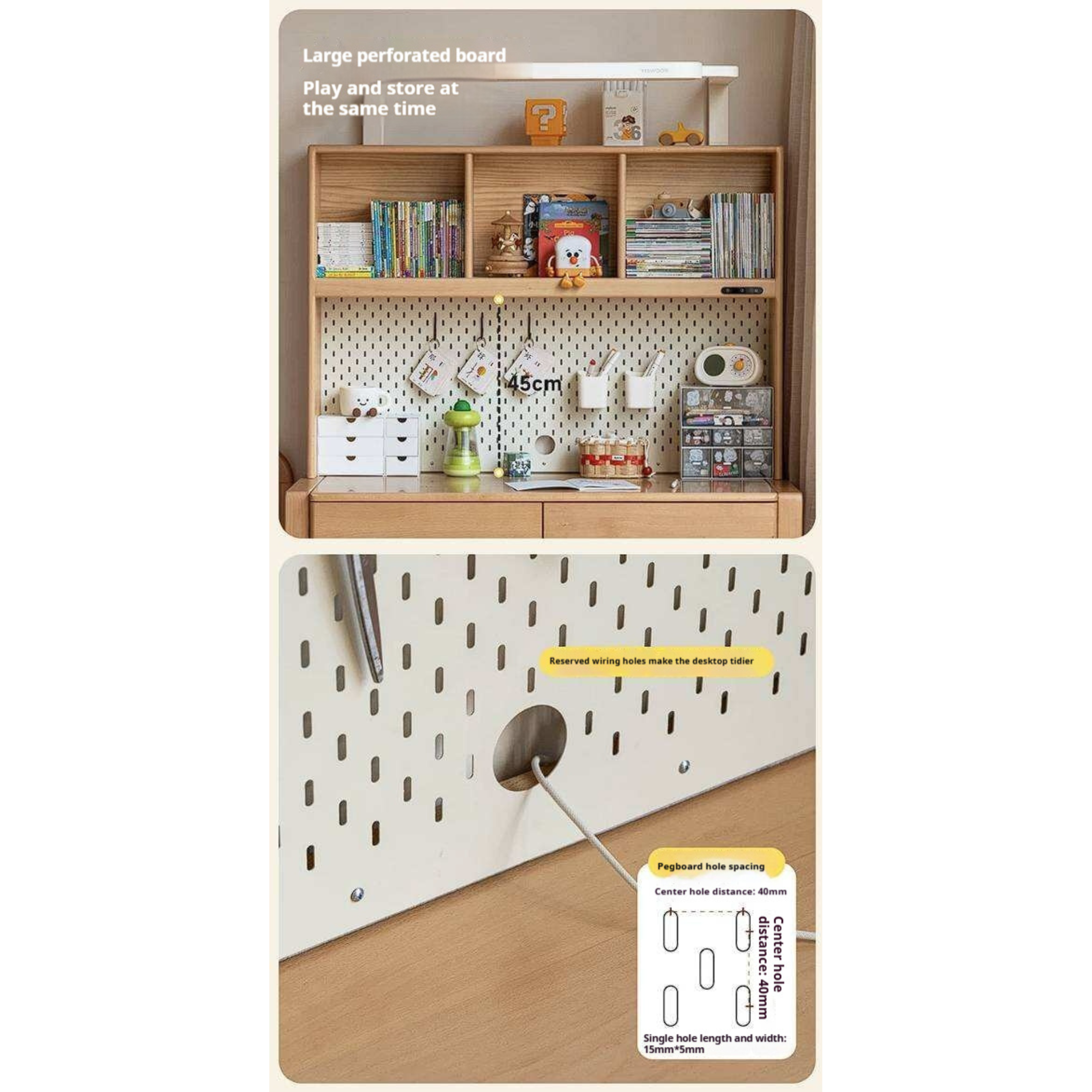 Beech, Solid Rubberwood Adjustable Height Children's Study Desk With Integrated Bookshelf