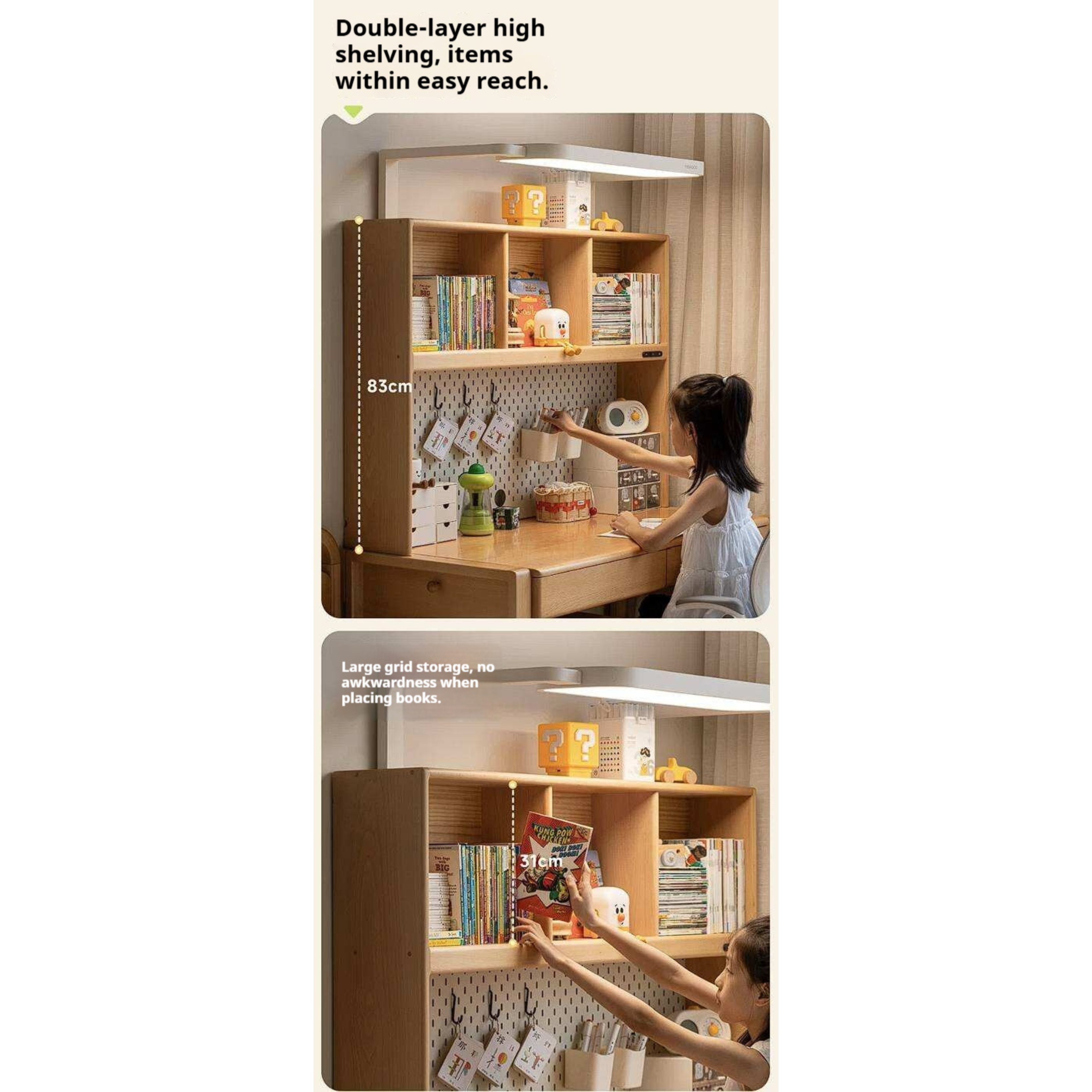 Beech, Solid Rubberwood Adjustable Height Children's Study Desk With Integrated Bookshelf