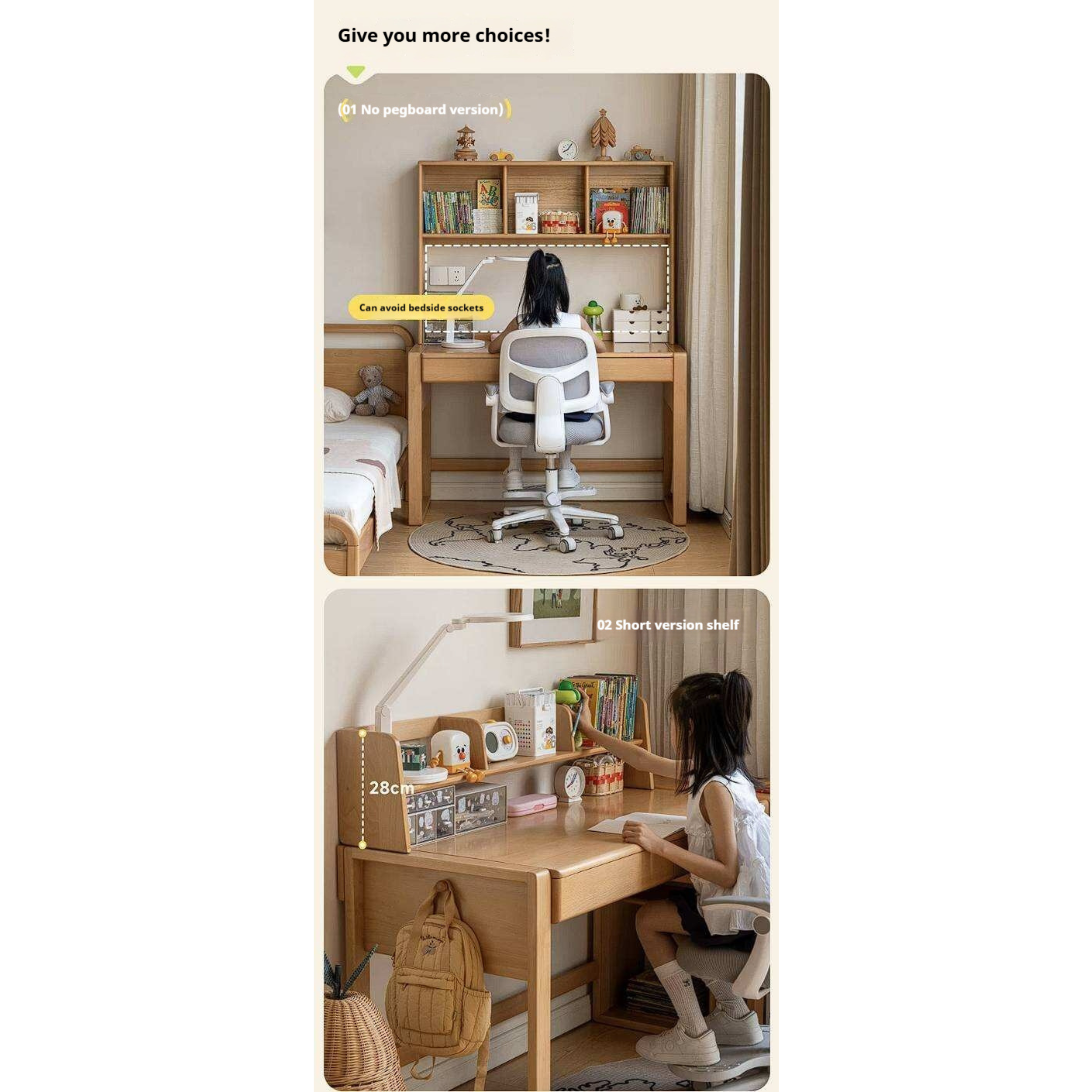Beech, Solid Rubberwood Adjustable Height Children's Study Desk With Integrated Bookshelf