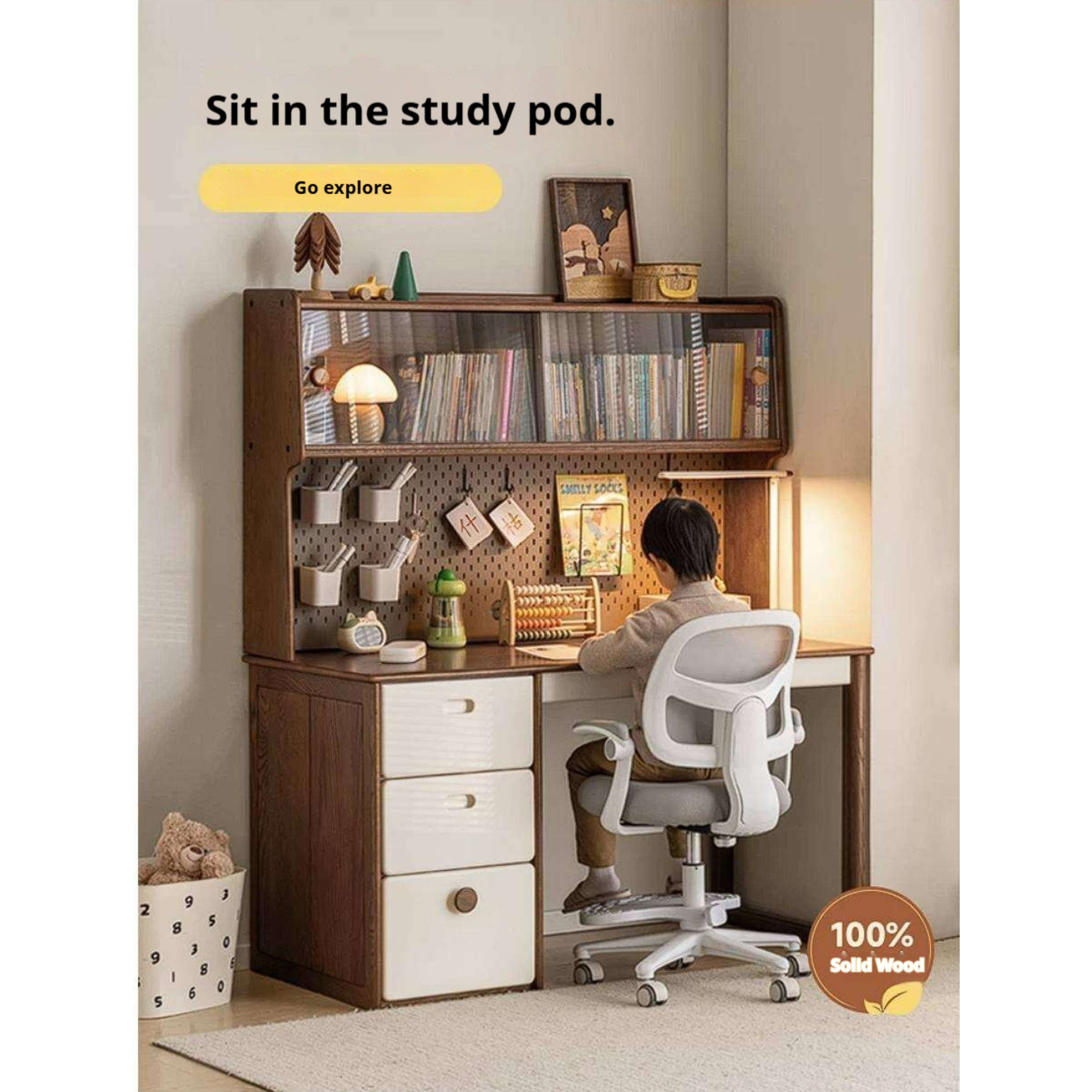Oak Solid Wood Retro Style Kids Study Desk with Integrated Bookshelf