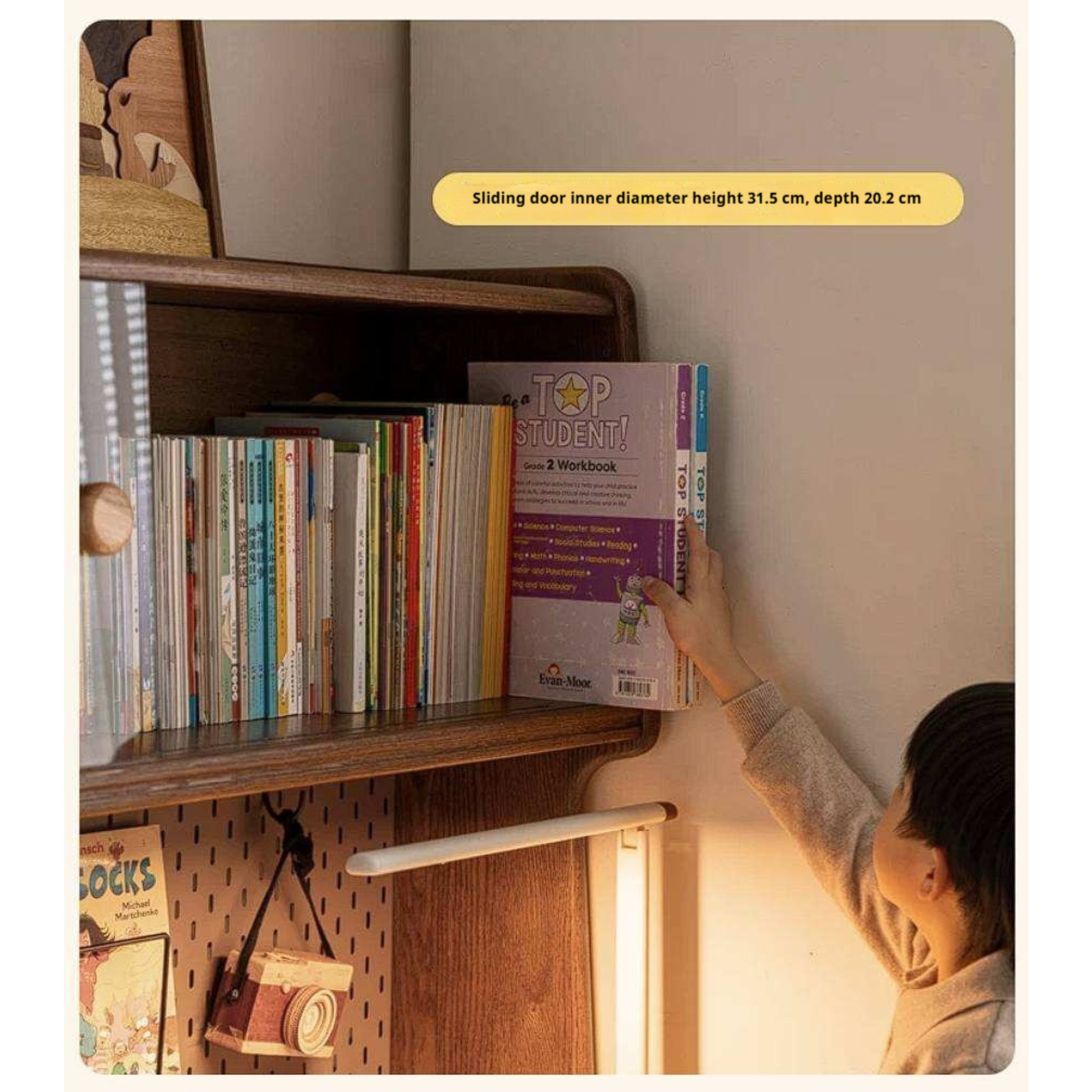 Oak Solid Wood Retro Style Kids Study Desk with Integrated Bookshelf