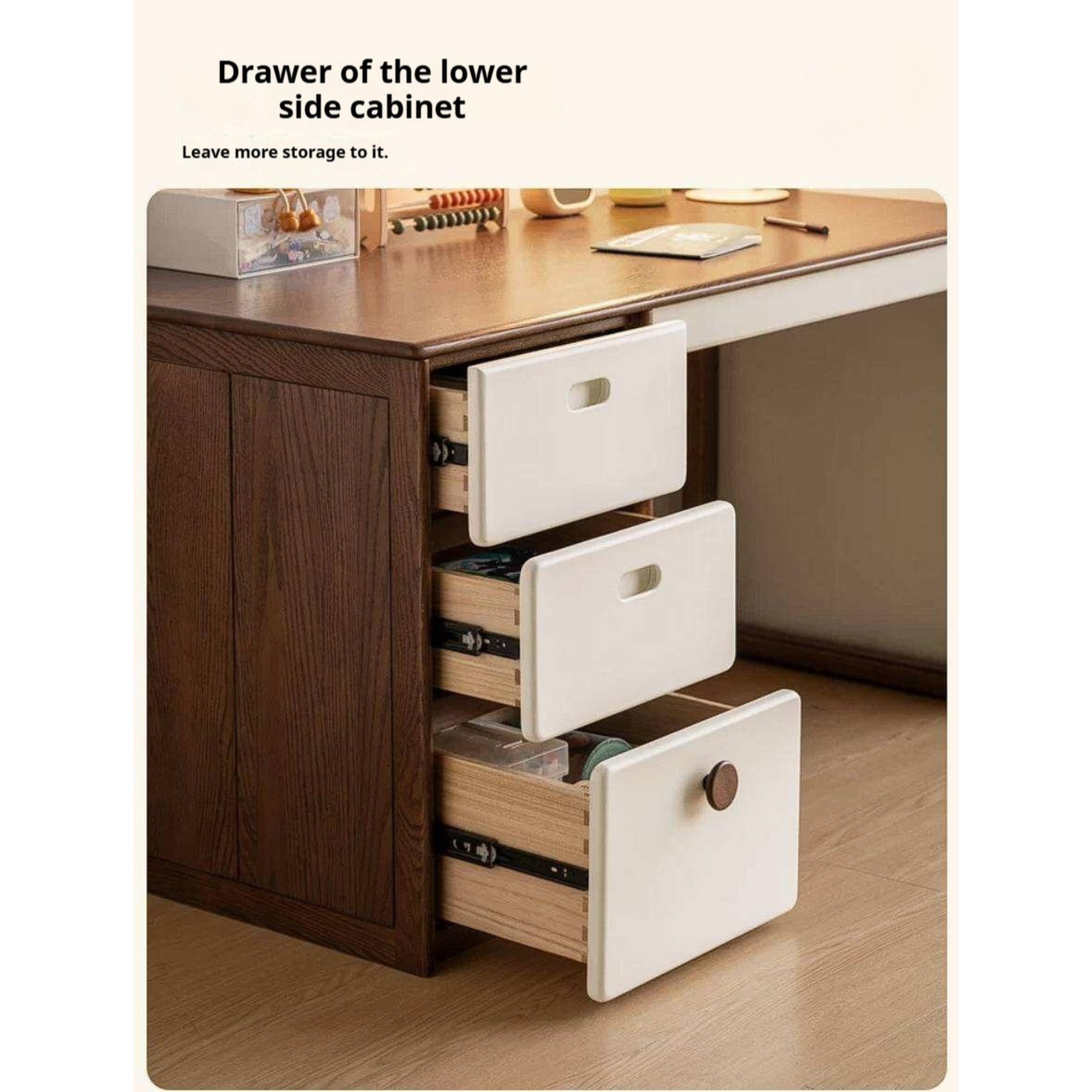 Oak Solid Wood Retro Style Kids Study Desk with Integrated Bookshelf