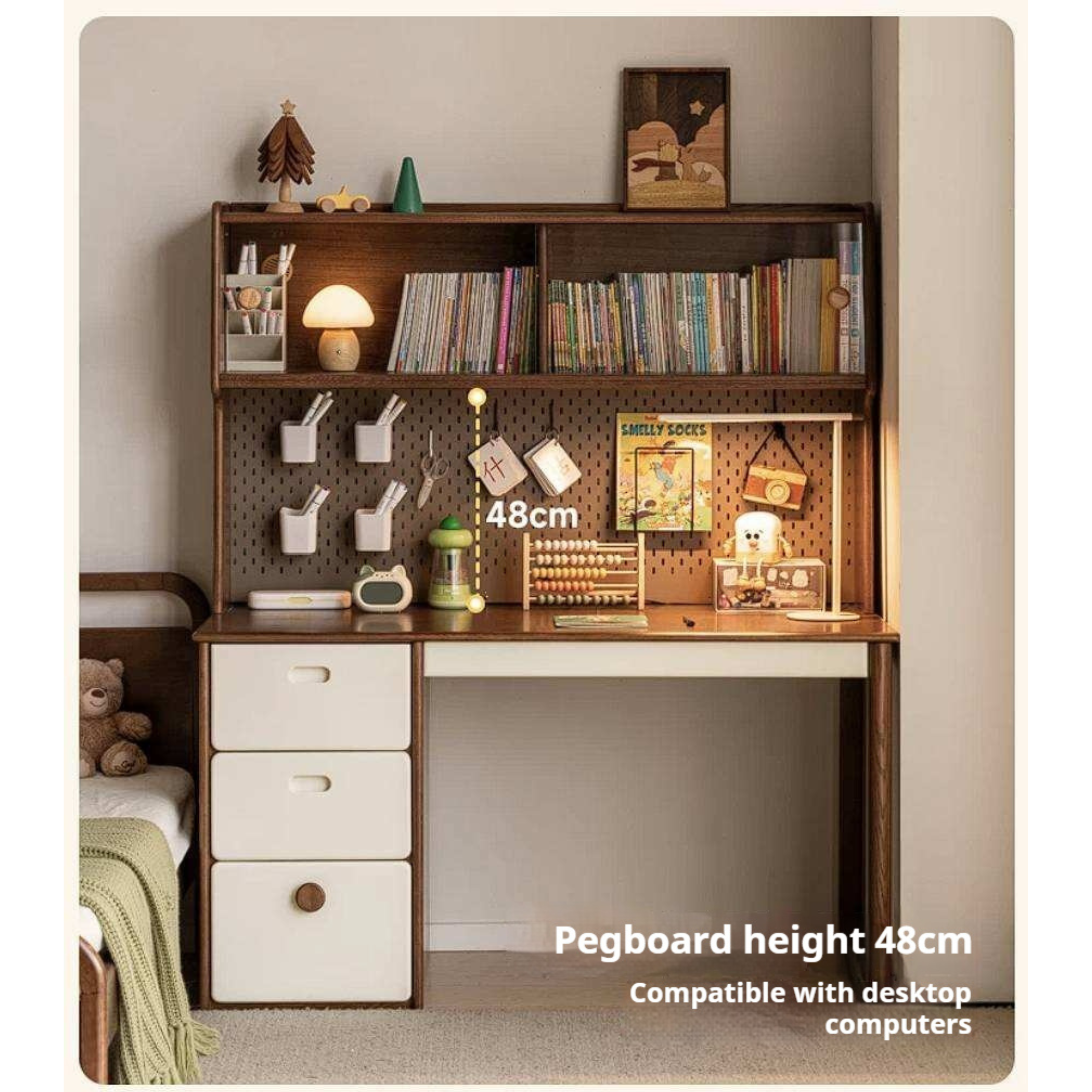 Oak Solid Wood Retro Style Kids Study Desk with Integrated Bookshelf