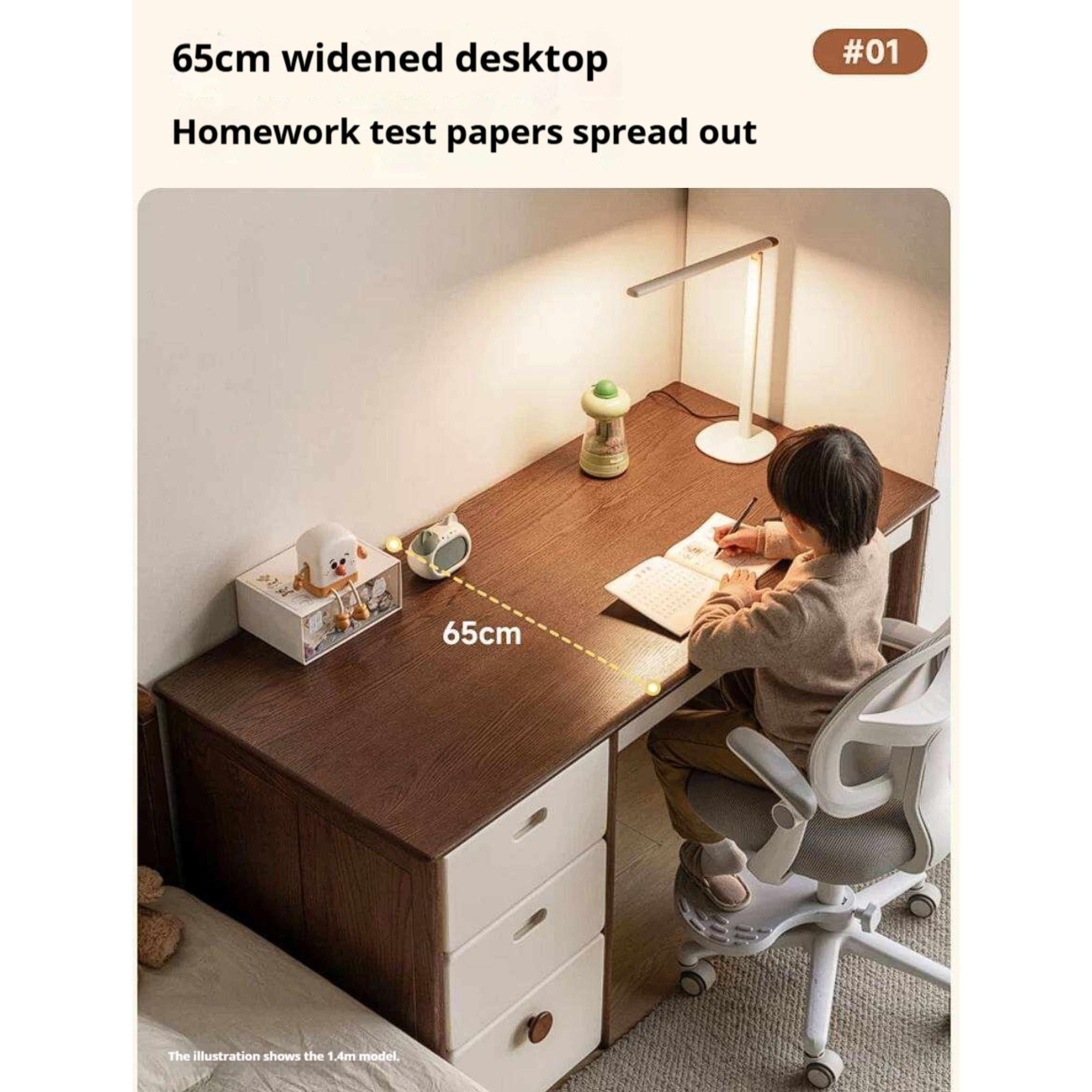 Oak Solid Wood Retro Style Kids Study Desk with Integrated Bookshelf