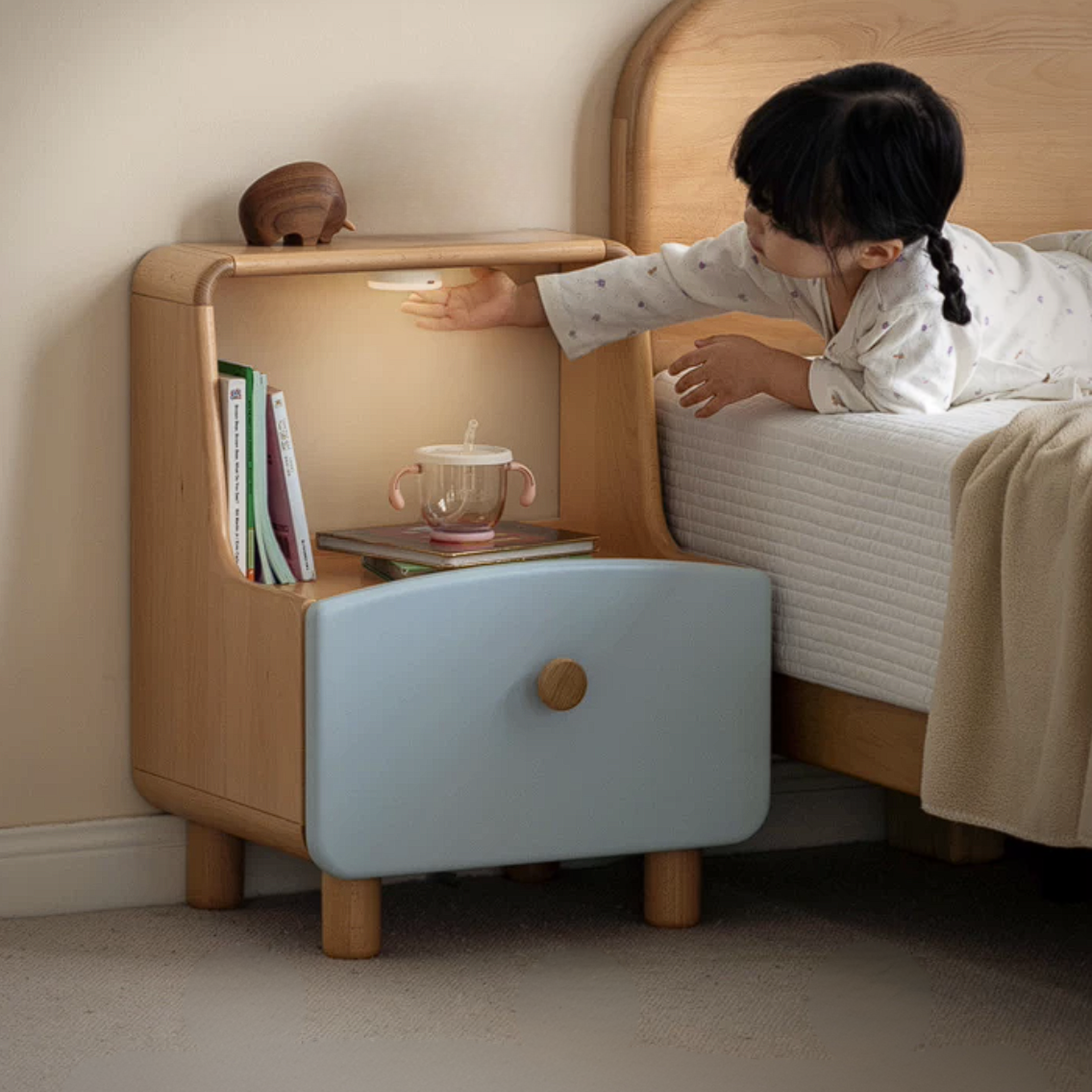 Beech Solid Wood Kids Nightstand Built-in Night Light
